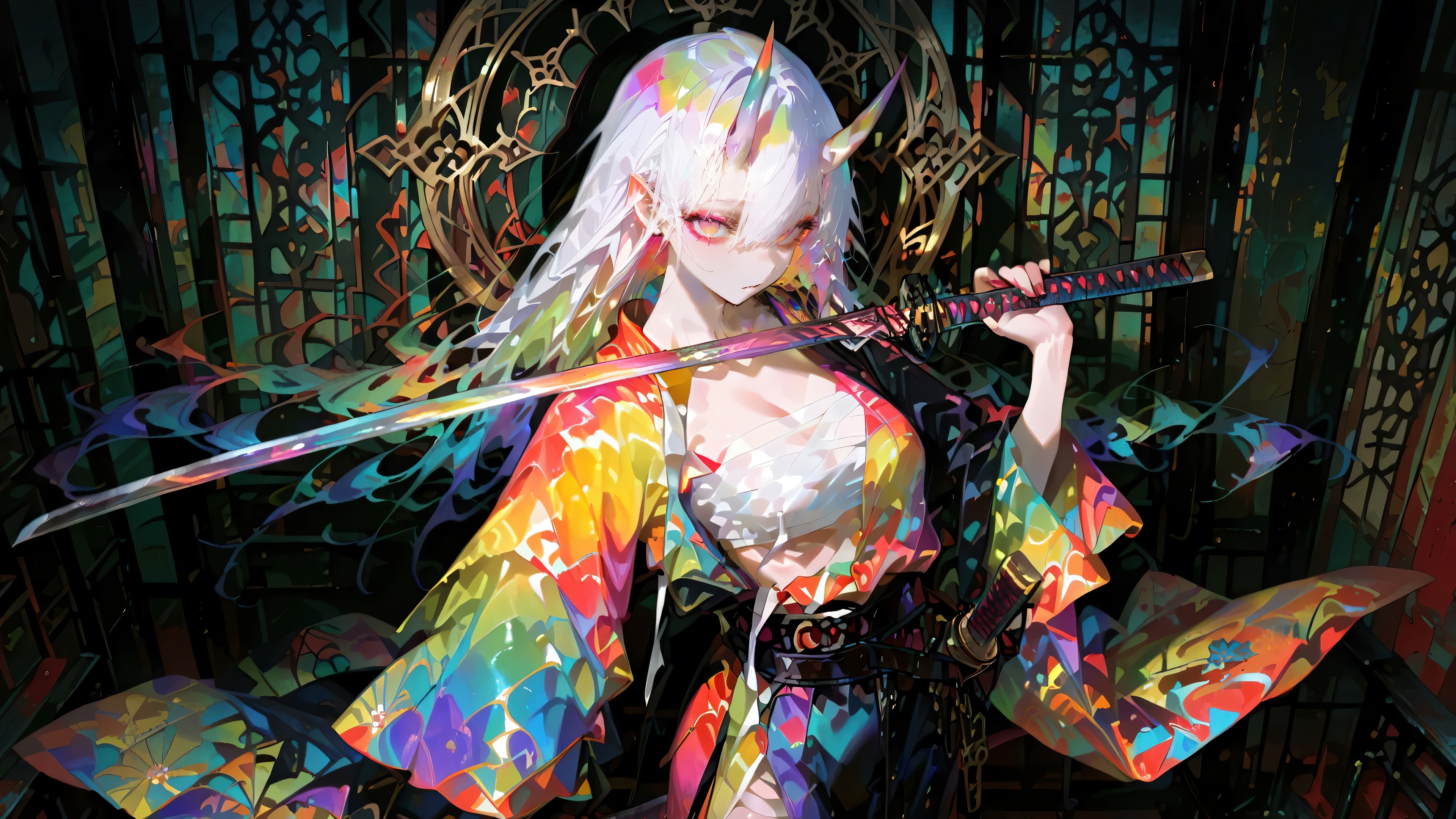 Anime Girl with Katana and Unicorn Horn HD Wallpaper