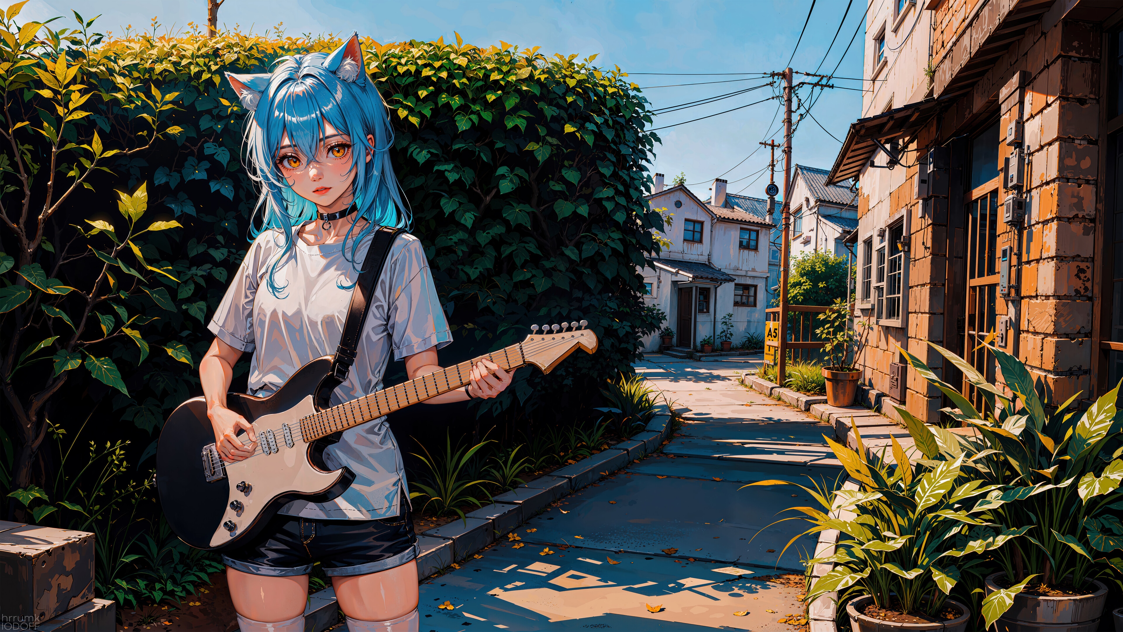 Anime Girl with Blue Hair and Guitar HD Wallpaper