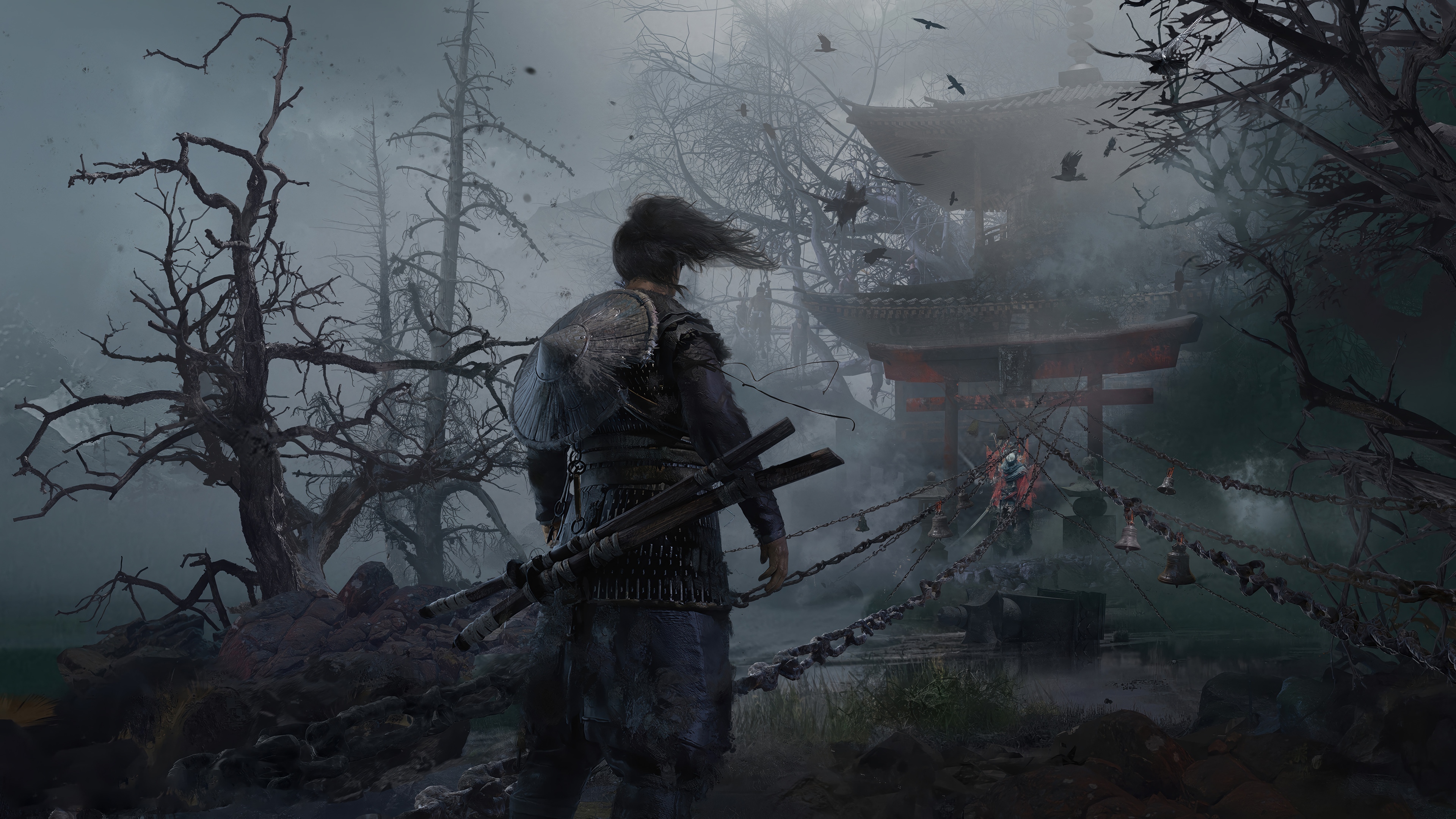 Samurai Warrior in a Foggy Forest with Torii Gate HD Wallpaper