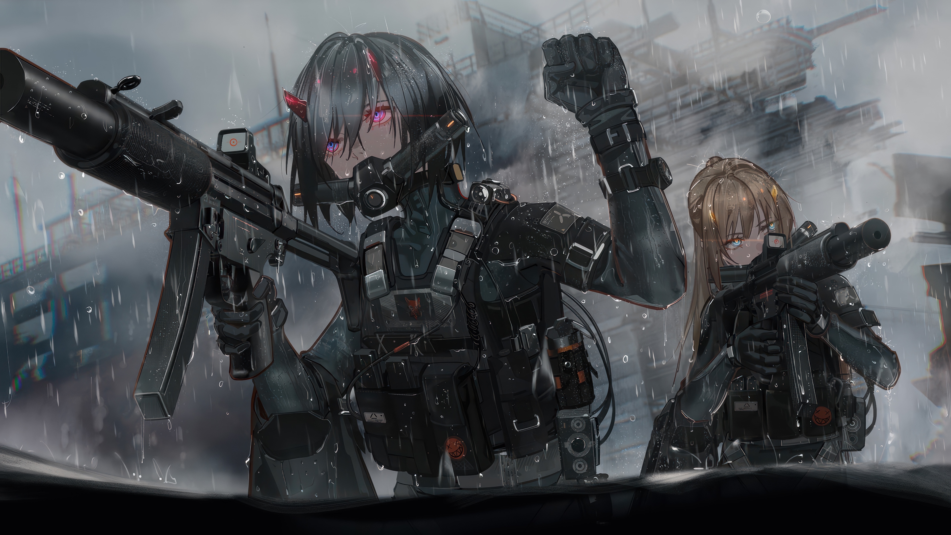 Anime Soldiers with Guns in the Rain 4K HD Wallpaper