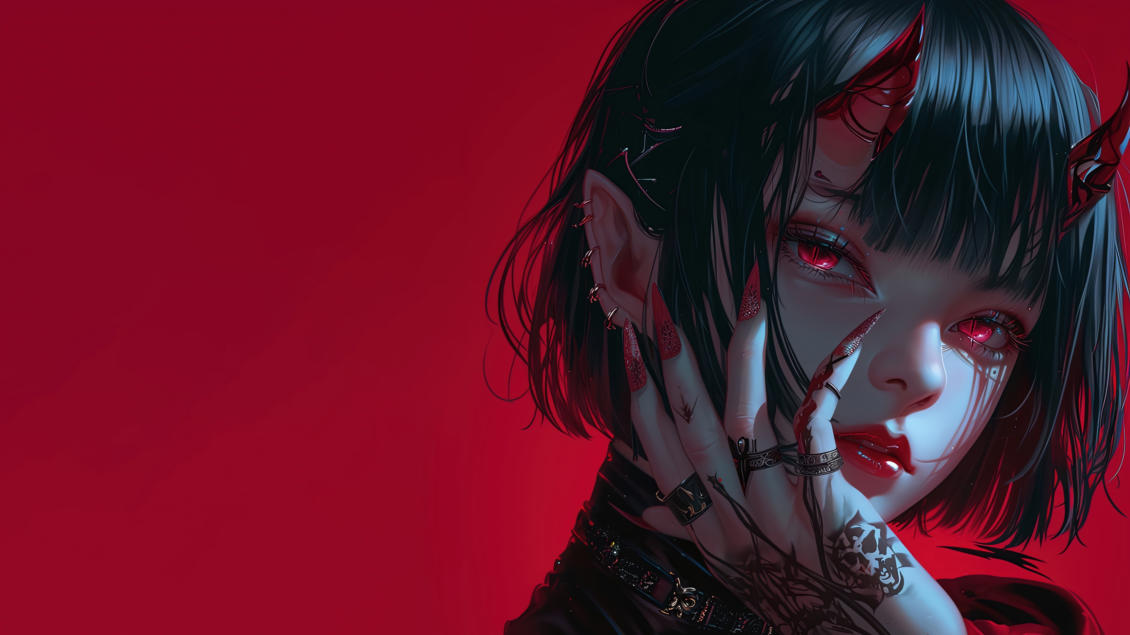 Demon Girl with Red Eyes and Horns 4K HD Wallpaper