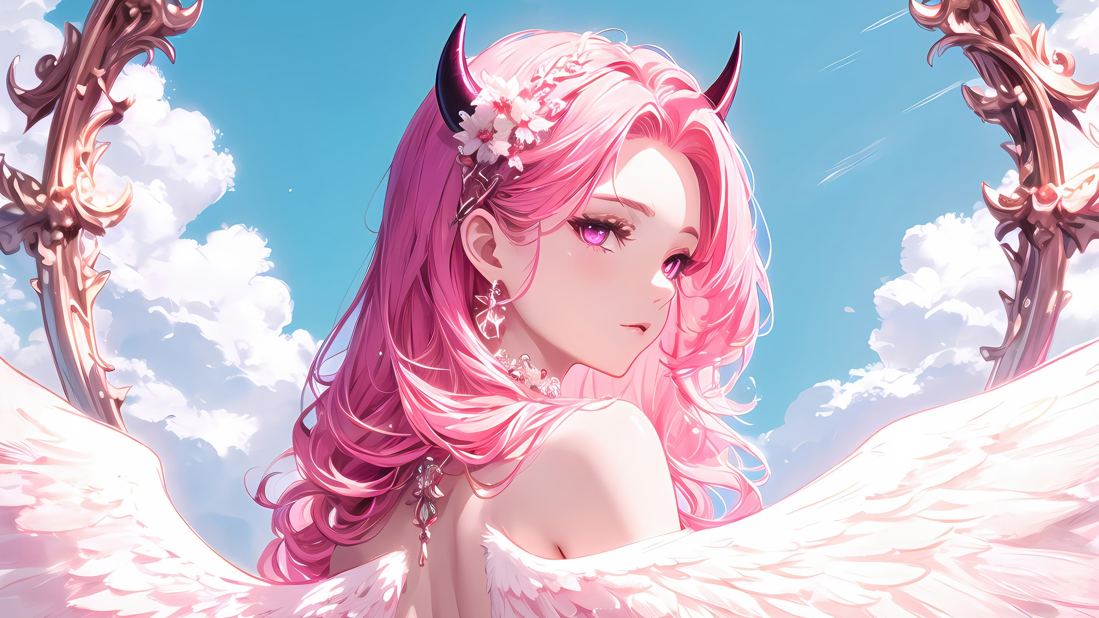 Anime Girl with Pink Hair and Angel Wings HD Wallpaper