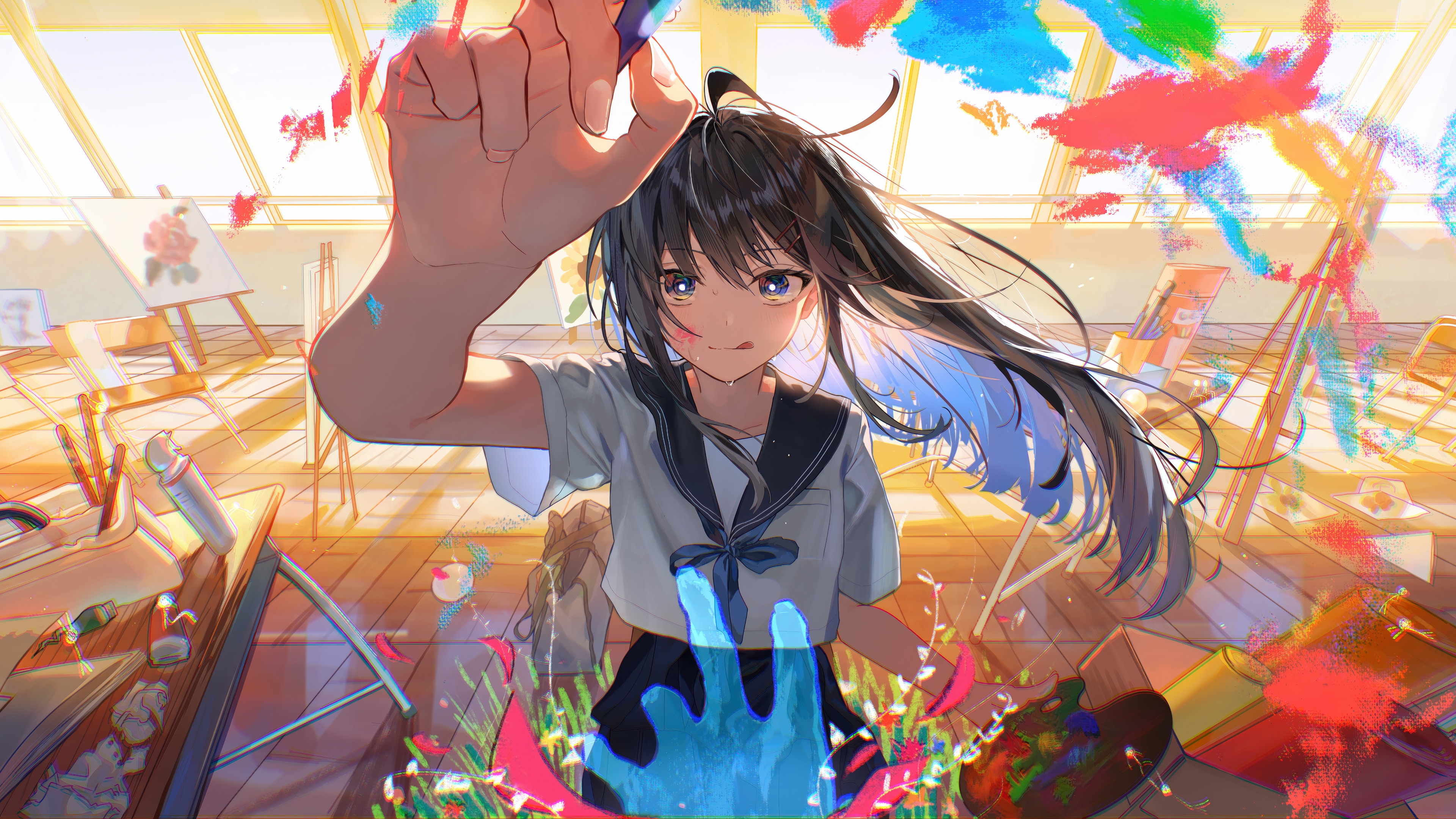 Anime Girl Painting in a Classroom 4K HD Wallpaper