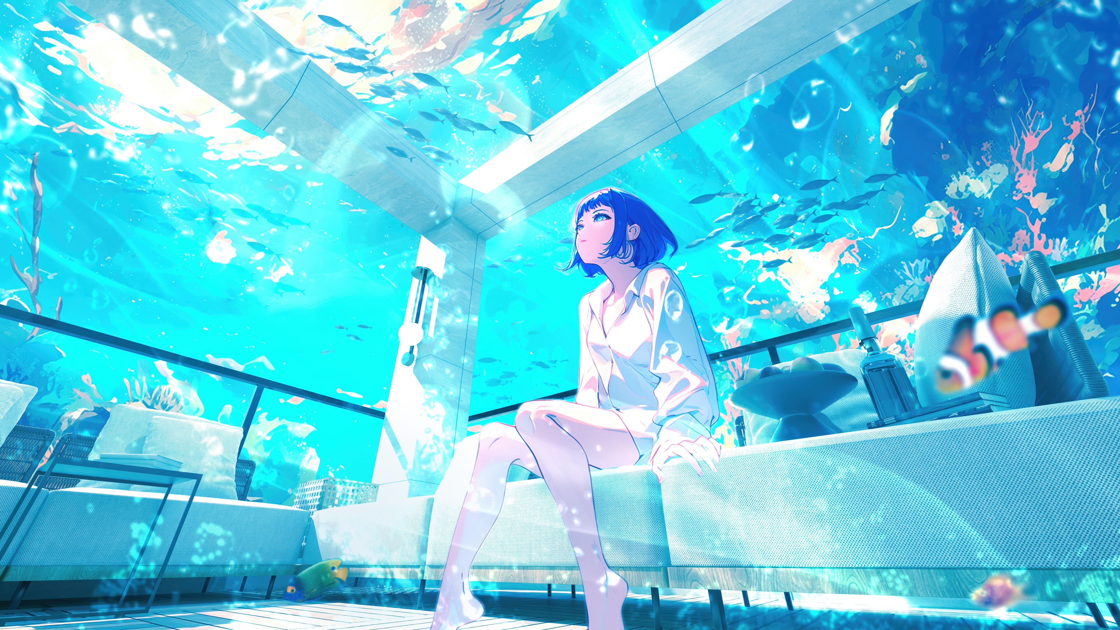 Anime Girl in Underwater Room 4K HD Wallpaper