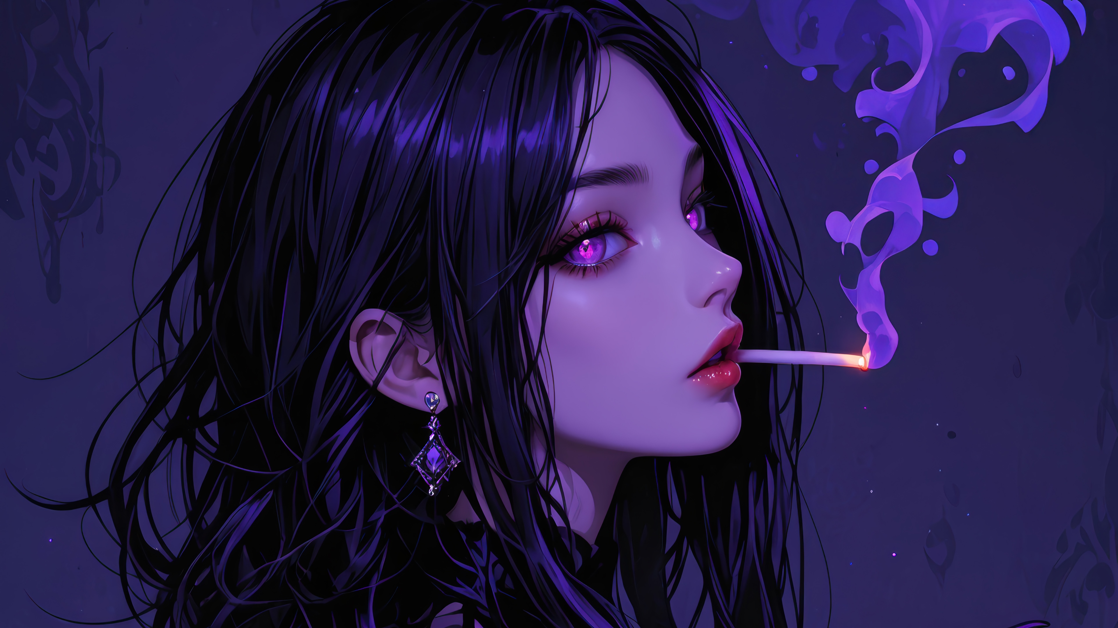Anime Girl Smoking Purple Smoke 4K HD Wallpaper