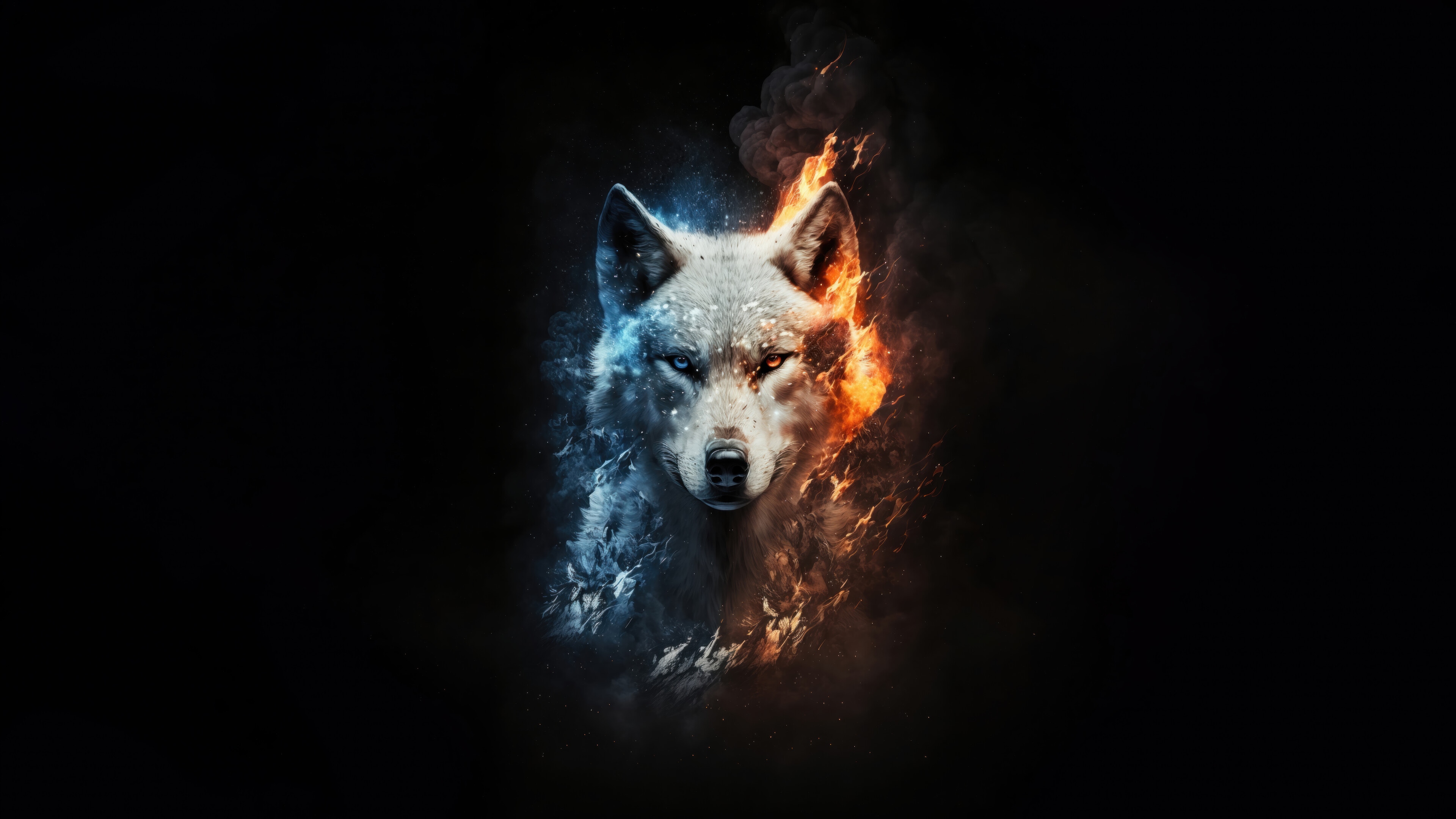 Wolf with Fire and Ice Elements 4K HD Wallpaper