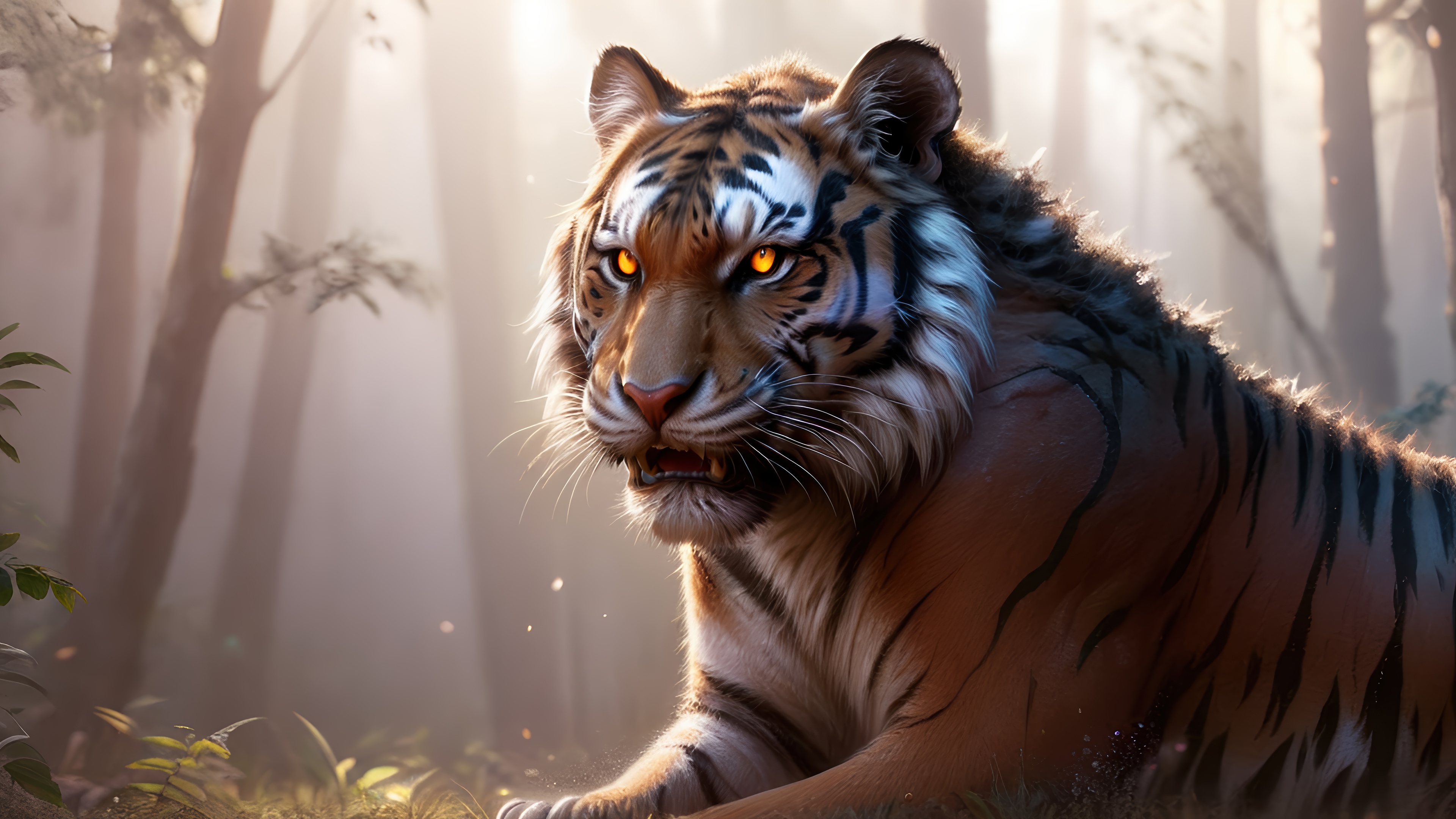 Tiger in a misty forest, digital art, 4K HD Wallpaper
