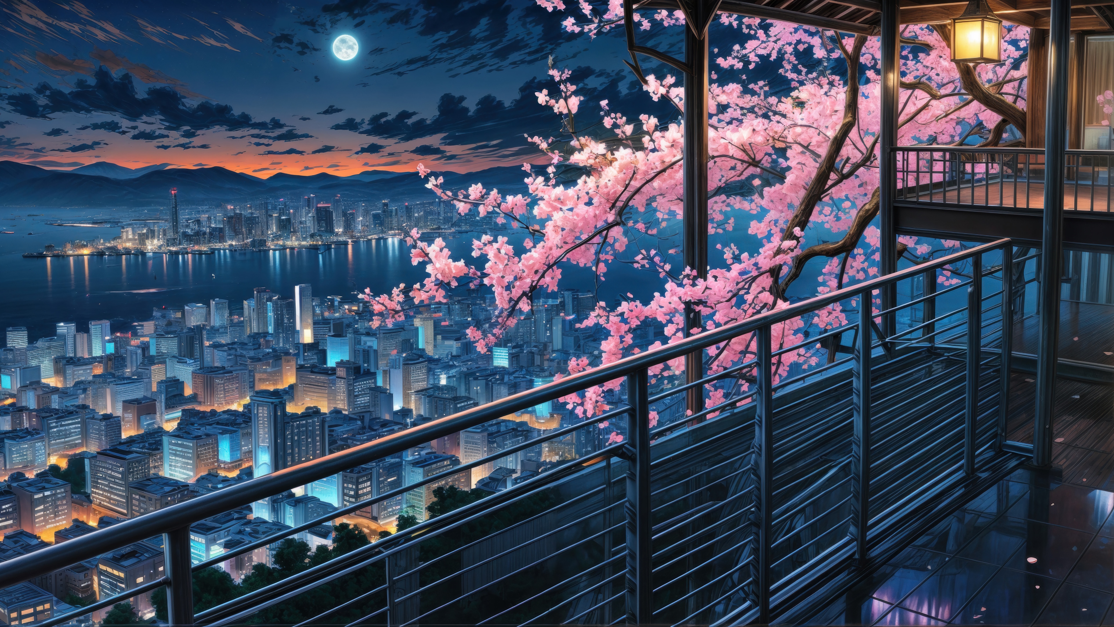 Night Cityscape with Cherry Blossoms and Moon HD Wallpaper
