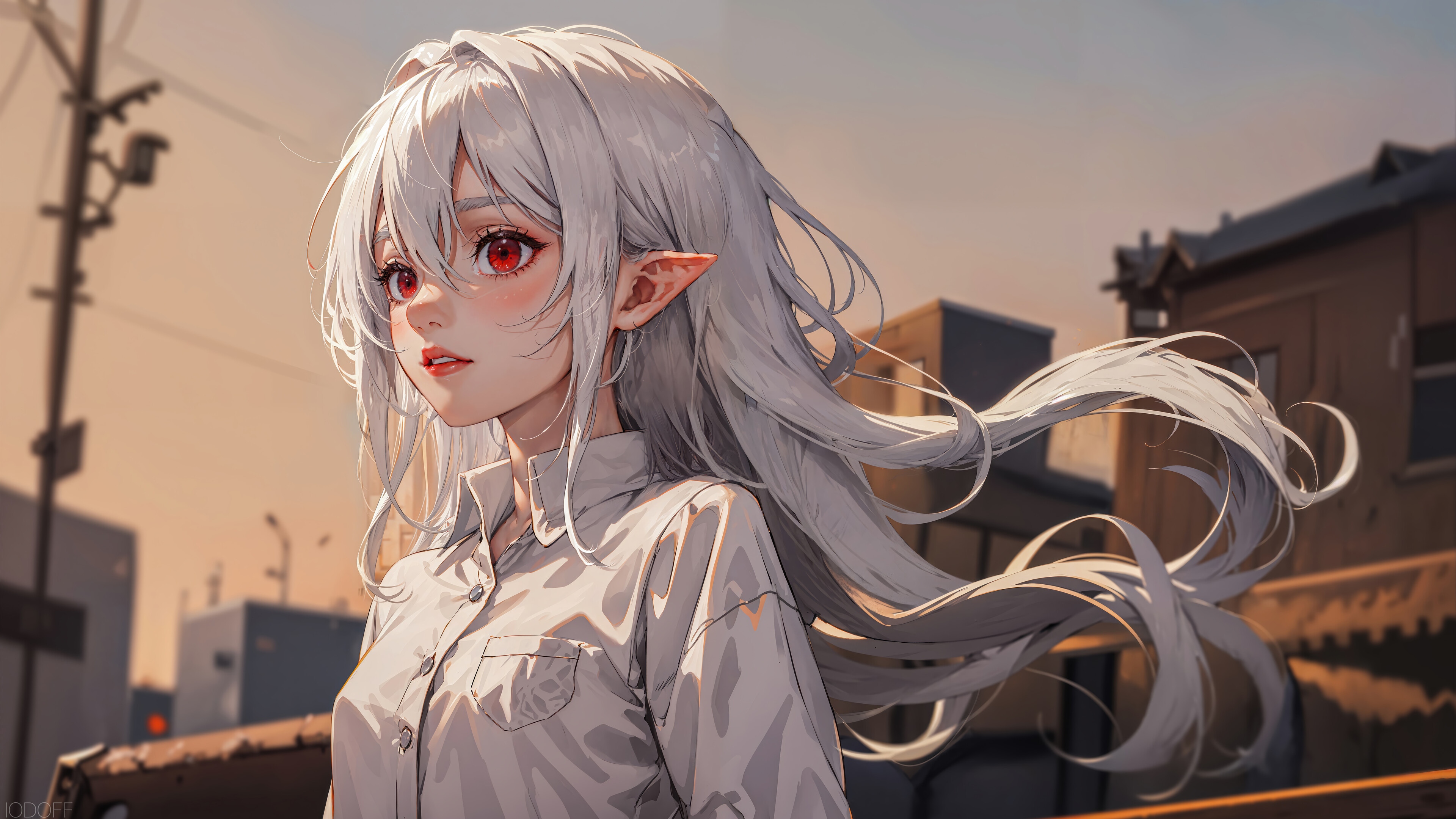 Anime Elf Girl with White Hair and Red Eyes in 4K HD Wallpaper