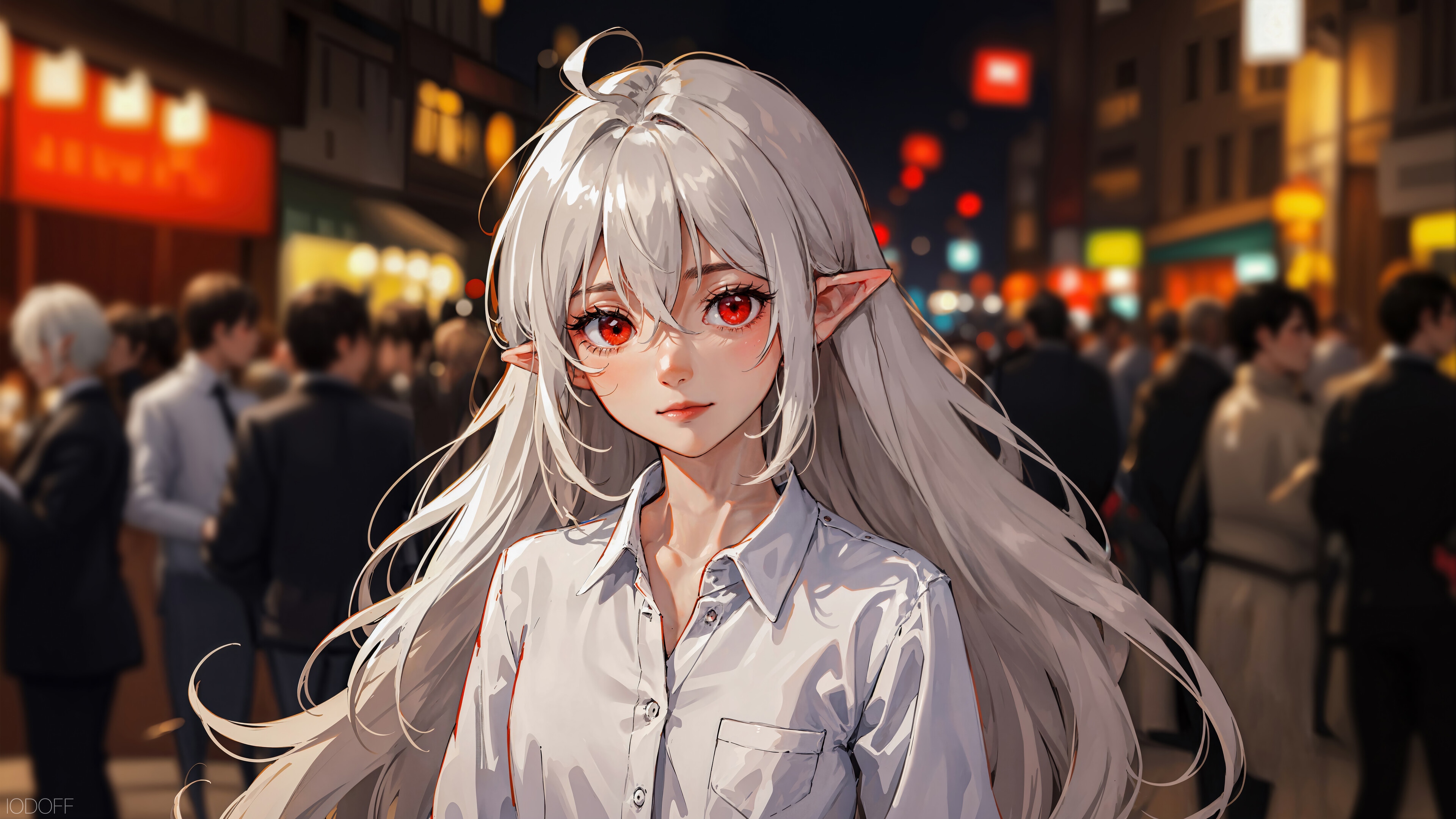 Anime Elf Girl with Red Eyes and White Hair in 4K HD Wallpaper