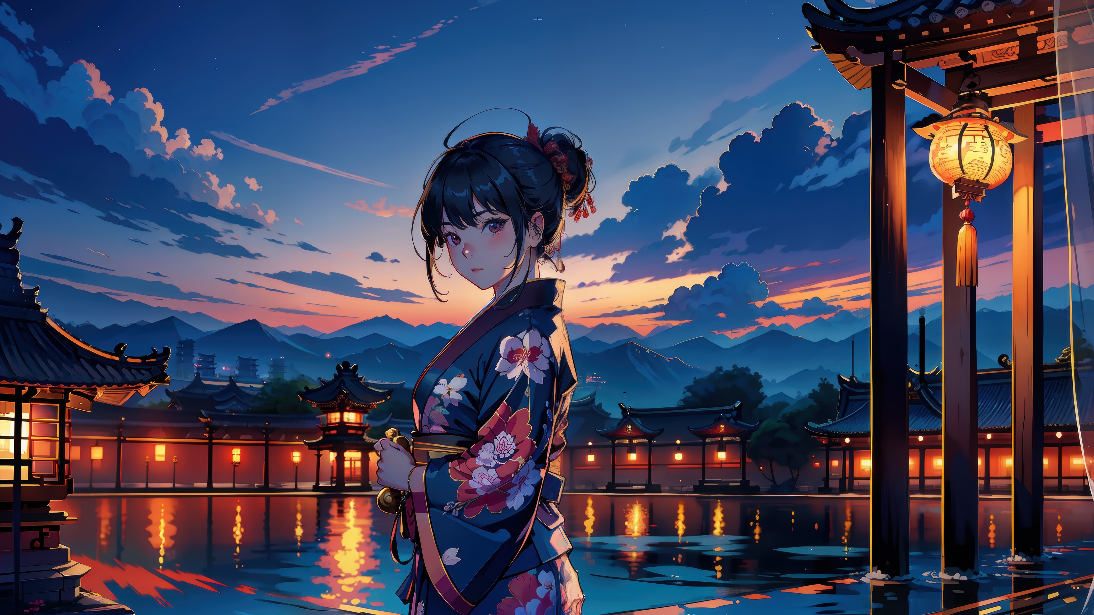 Anime Girl in Kimono at Night 4K HD Wallpaper