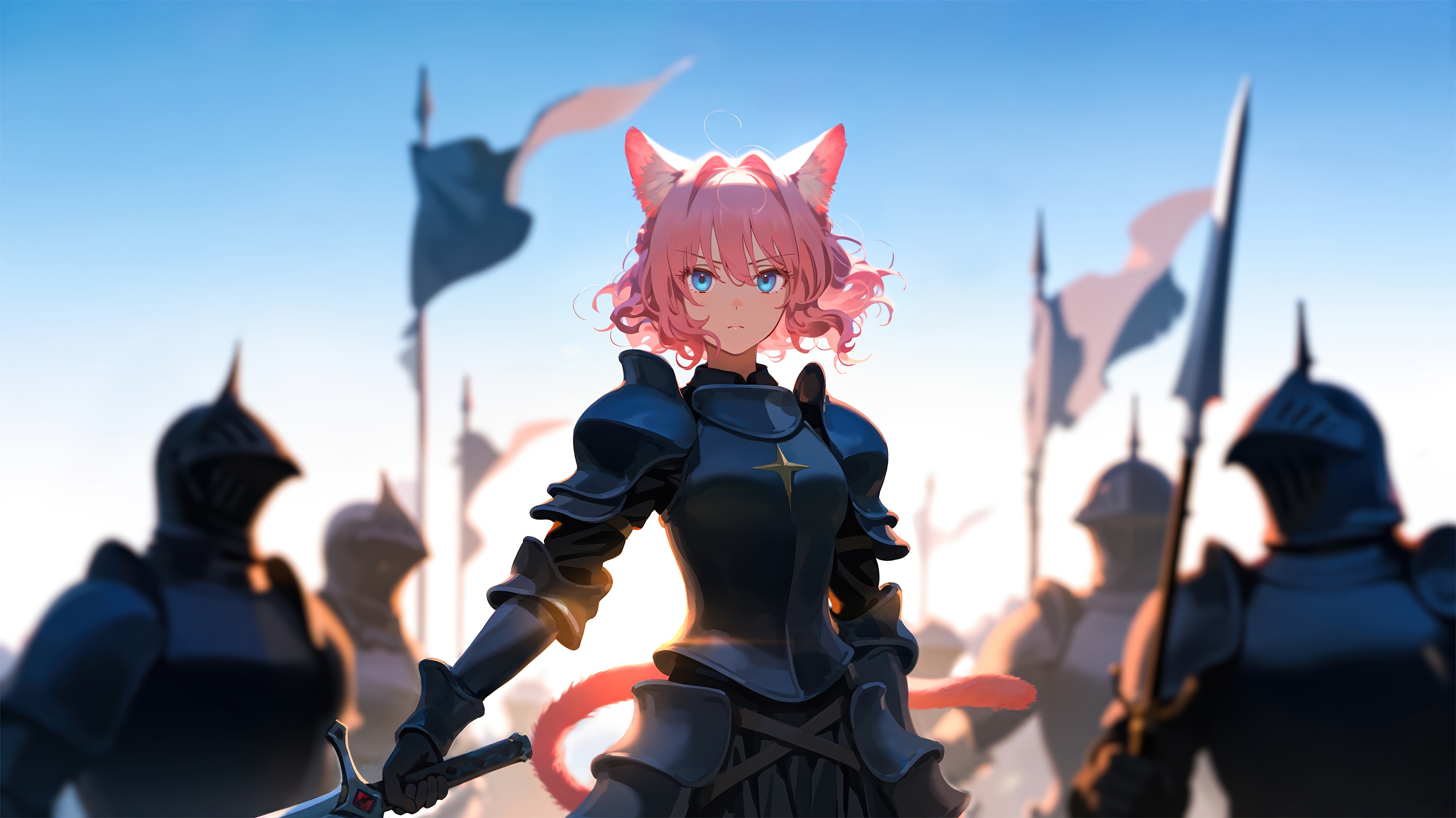 Anime Warrior Girl with Pink Hair and Armor HD Wallpaper