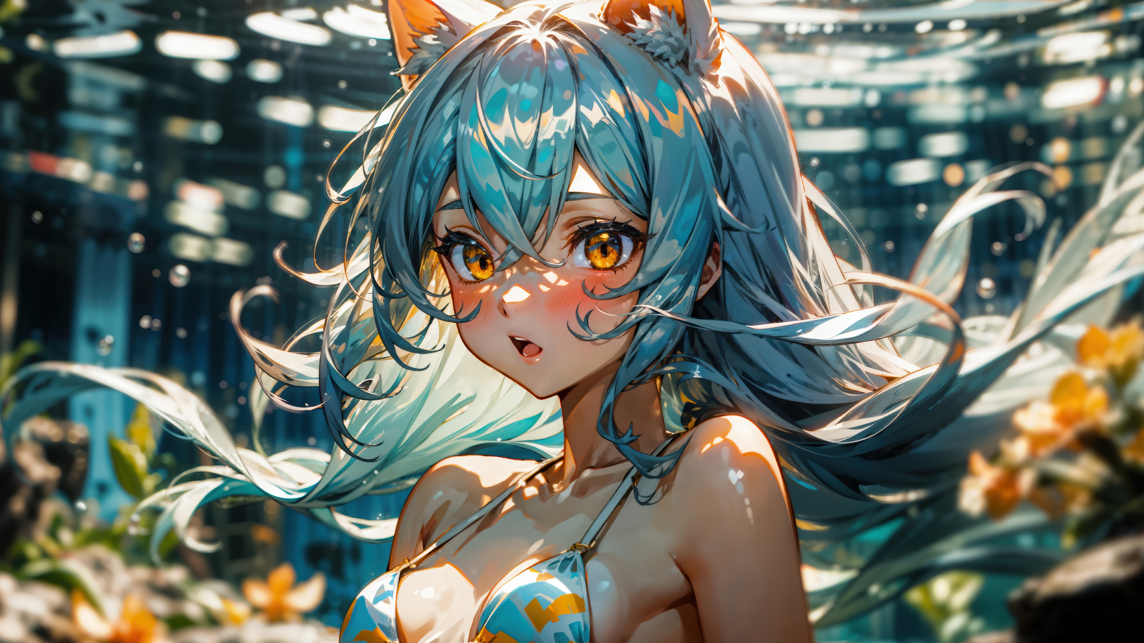 Anime Girl with Blue Hair and Yellow Eyes Underwater 4K HD Wallpaper