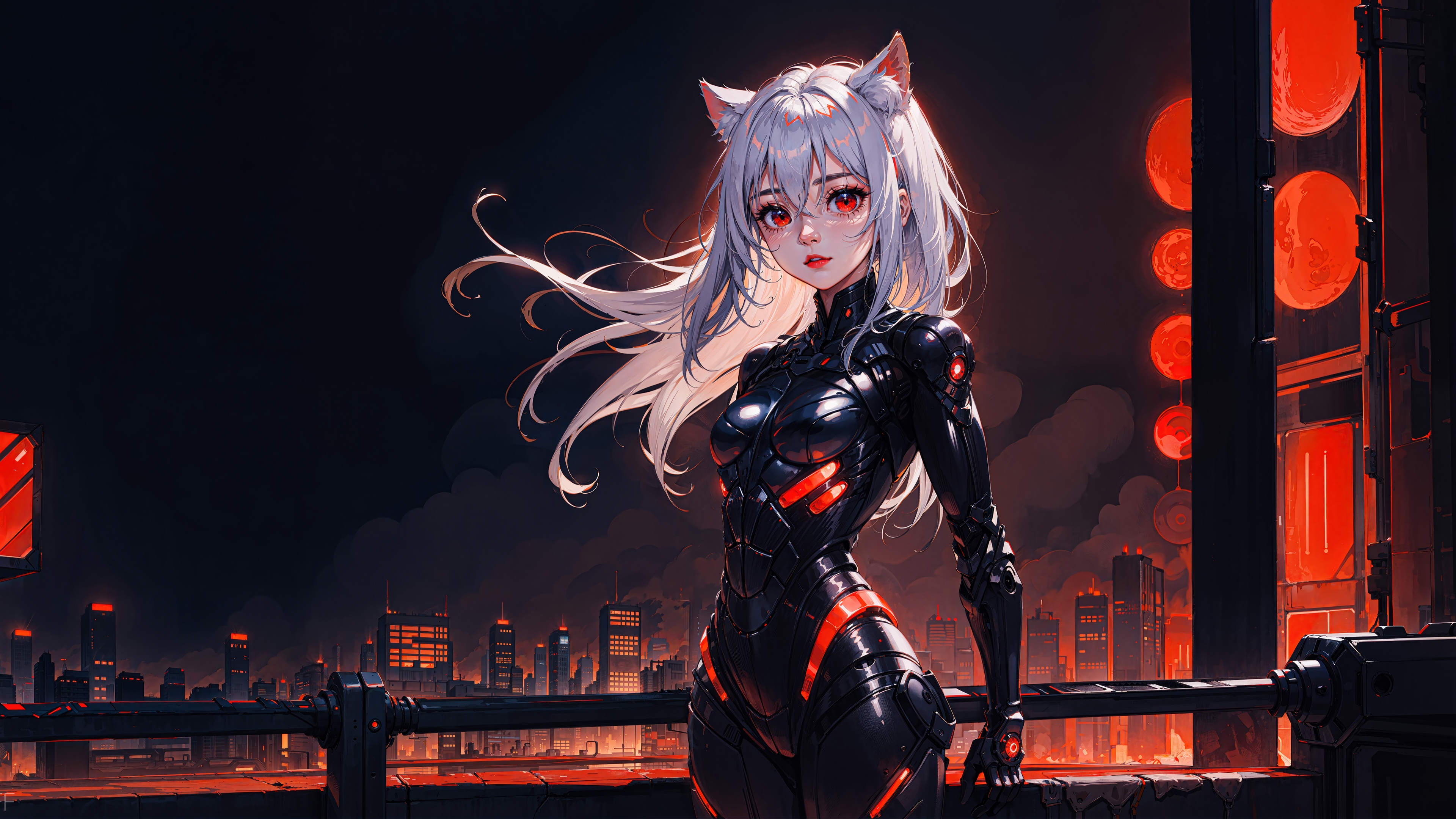 Anime Girl in Cyberpunk Suit with White Hair and Red Eyes HD Wallpaper