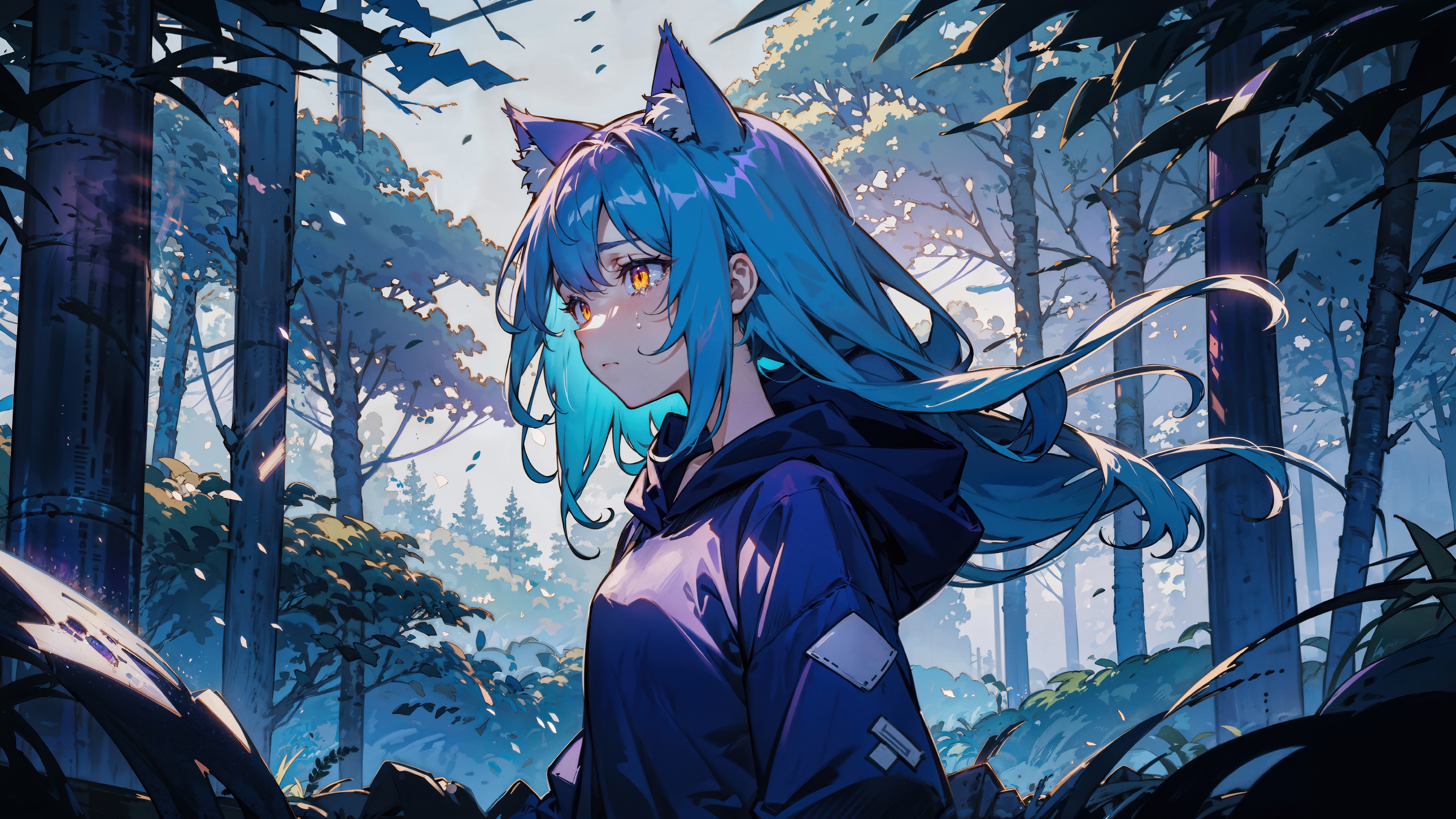 Anime Girl with Blue Hair and Yellow Eyes in Forest 4K HD Wallpaper