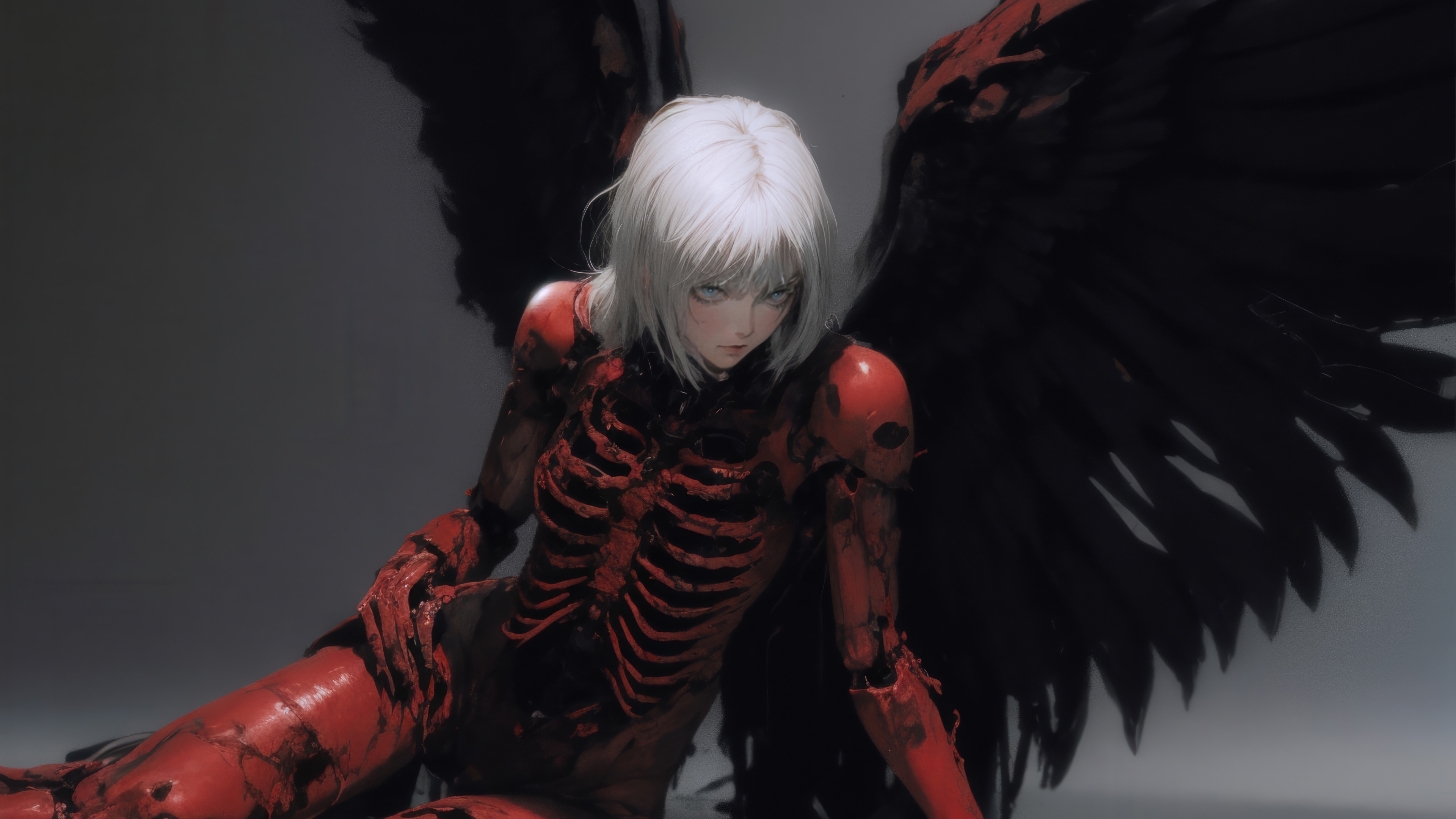 Girl with white hair and black wings in red armor 4K HD Wallpaper