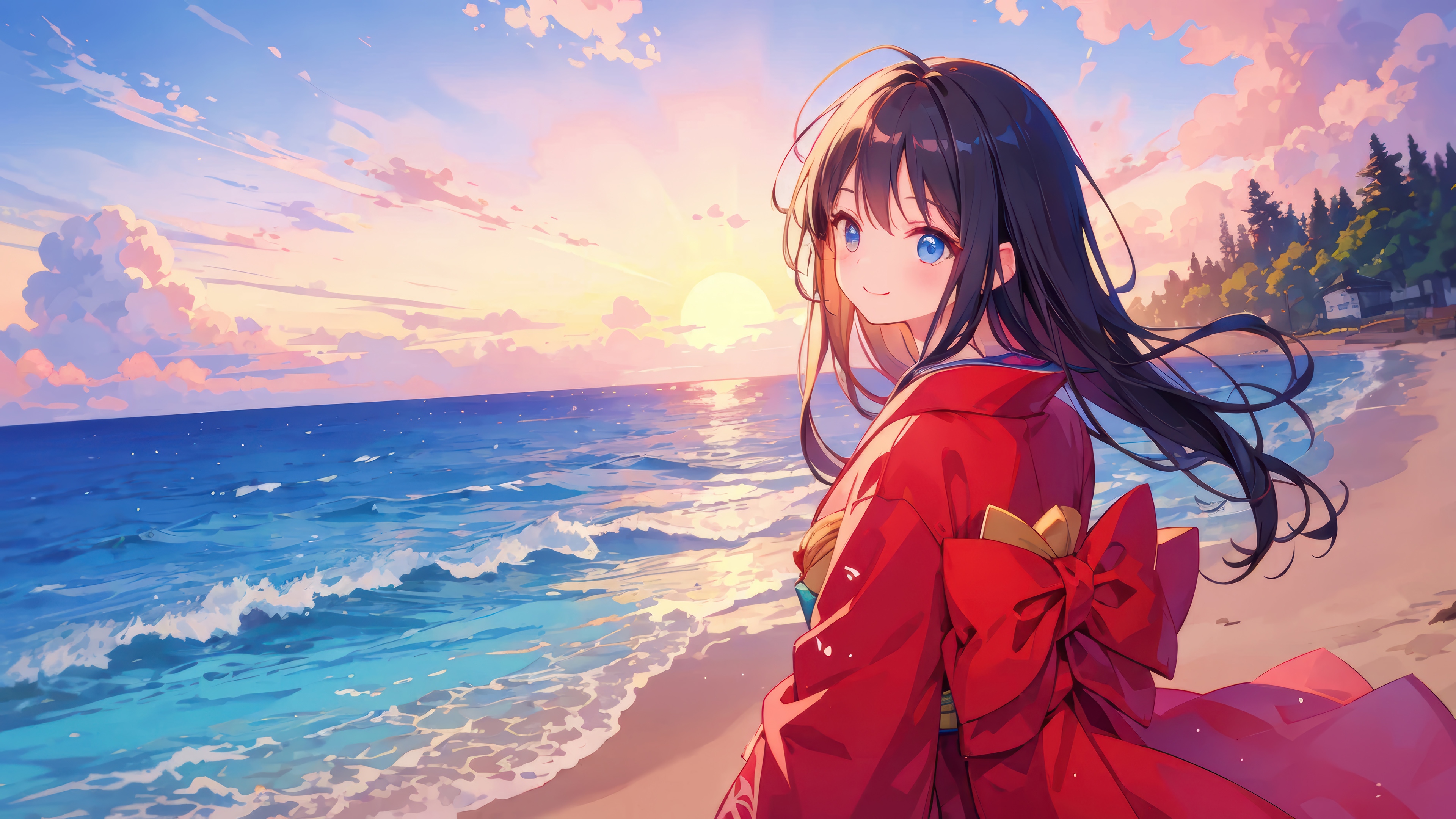 Anime Girl in Kimono by the Ocean at Sunset 4K HD Wallpaper