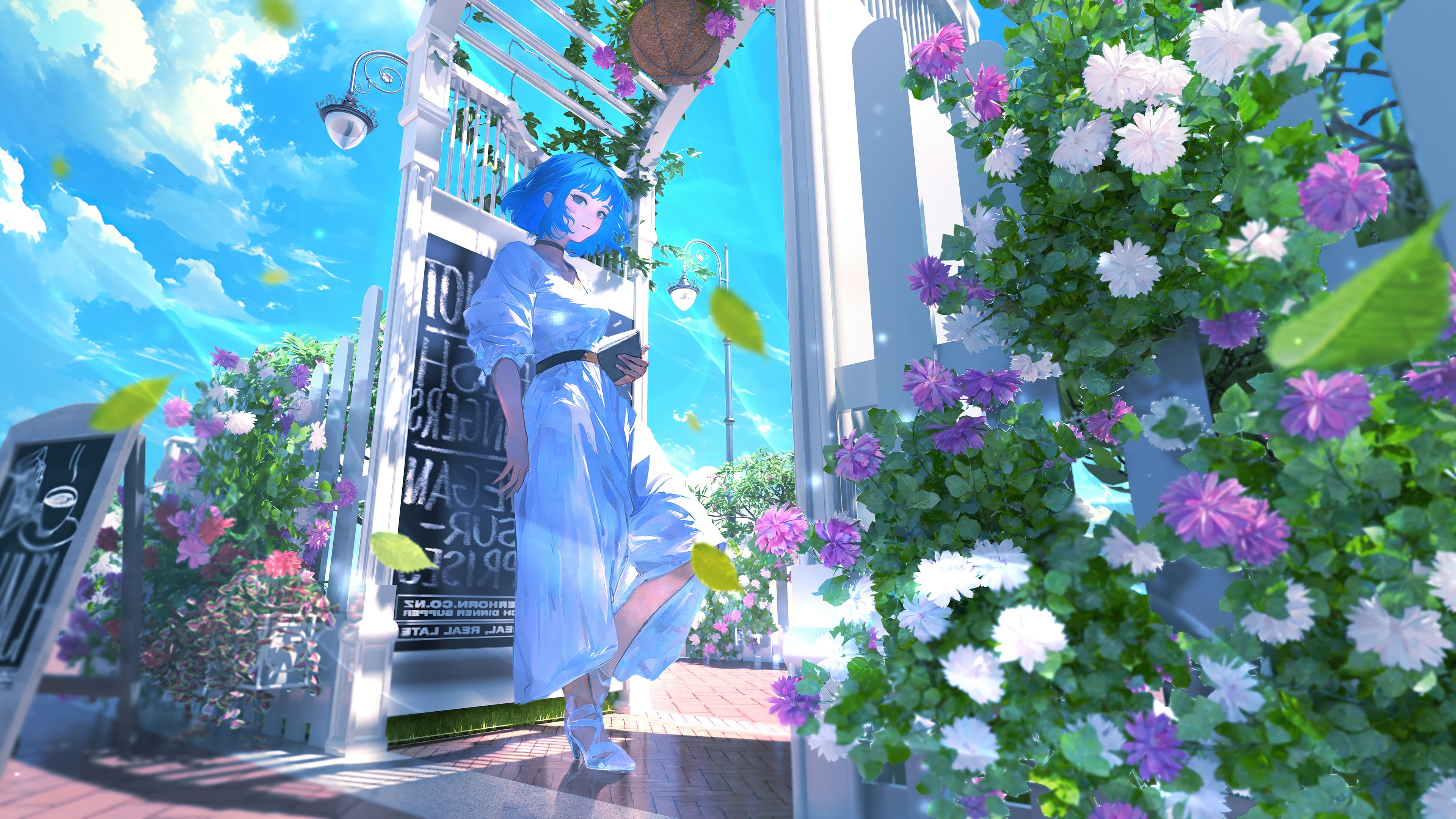 Anime Girl with Blue Hair in a Flower Garden 4K HD Wallpaper