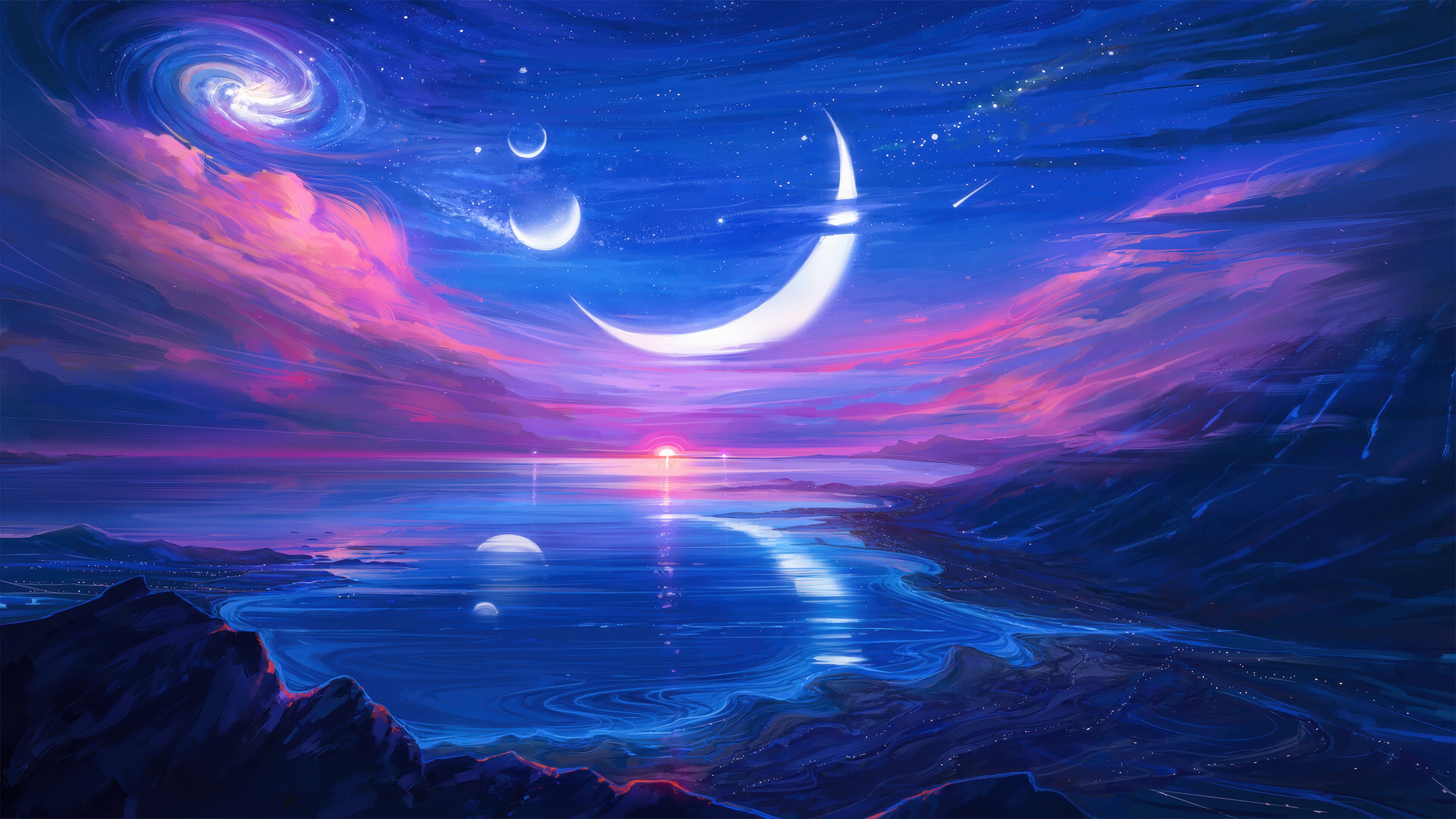 Fantasy Night Sky with Crescent Moons and Galaxy HD Wallpaper