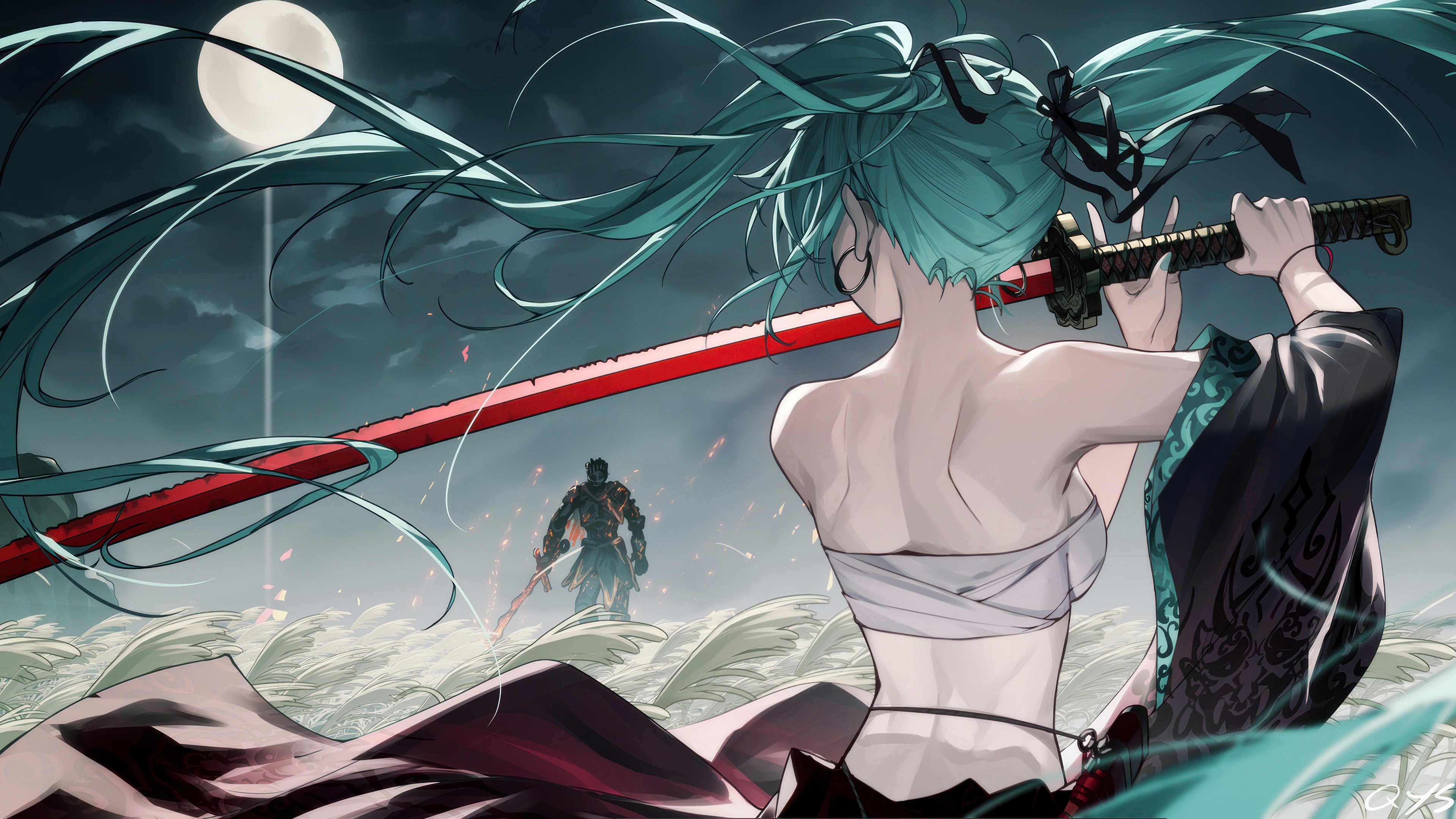 Hatsune Miku with Katana facing a warrior under the moon HD Wallpaper