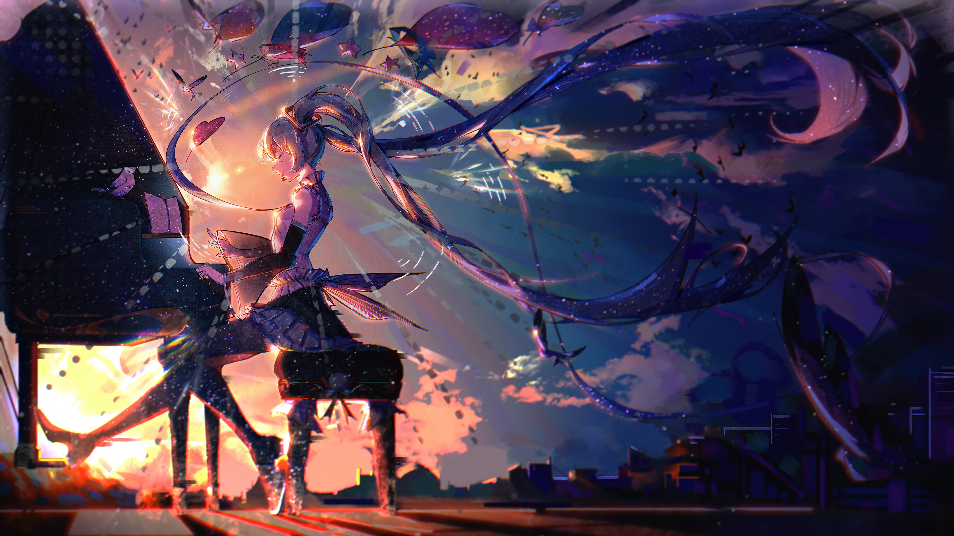 Hatsune Miku Playing Piano at Sunset 4K HD Wallpaper