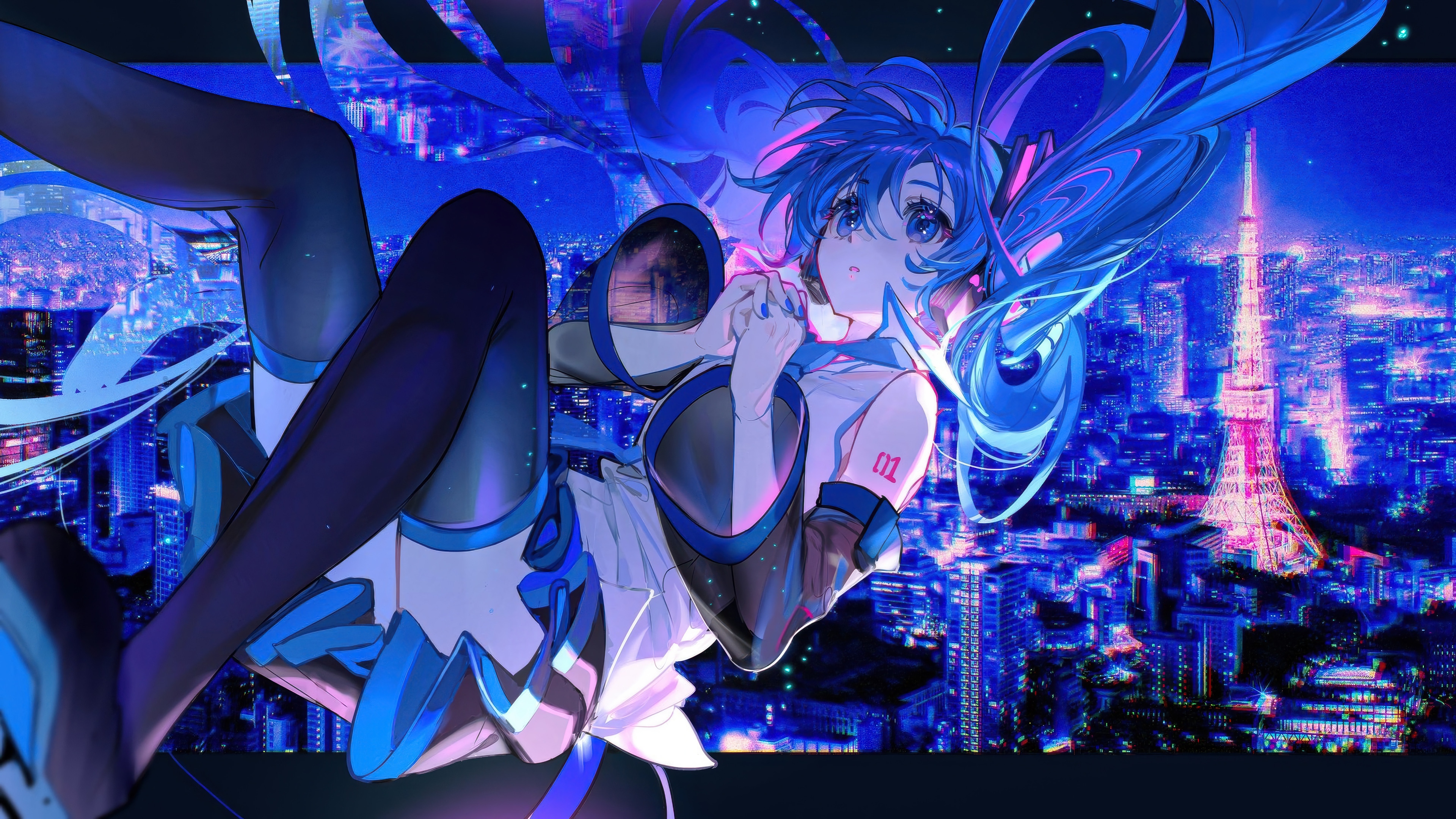 Hatsune Miku floating above a neon city at night HD Wallpaper