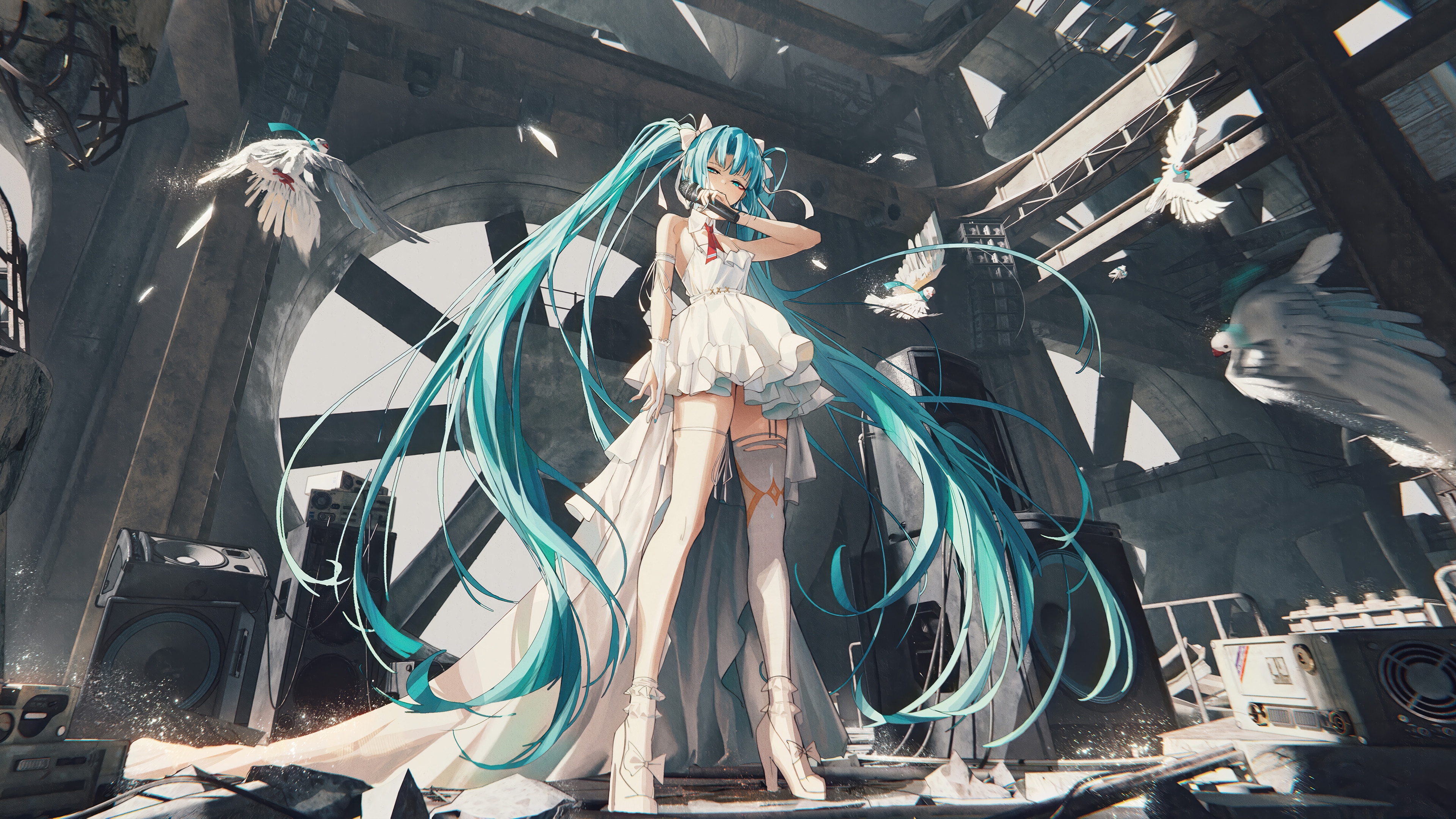 Hatsune Miku in a White Dress with Doves HD Wallpaper