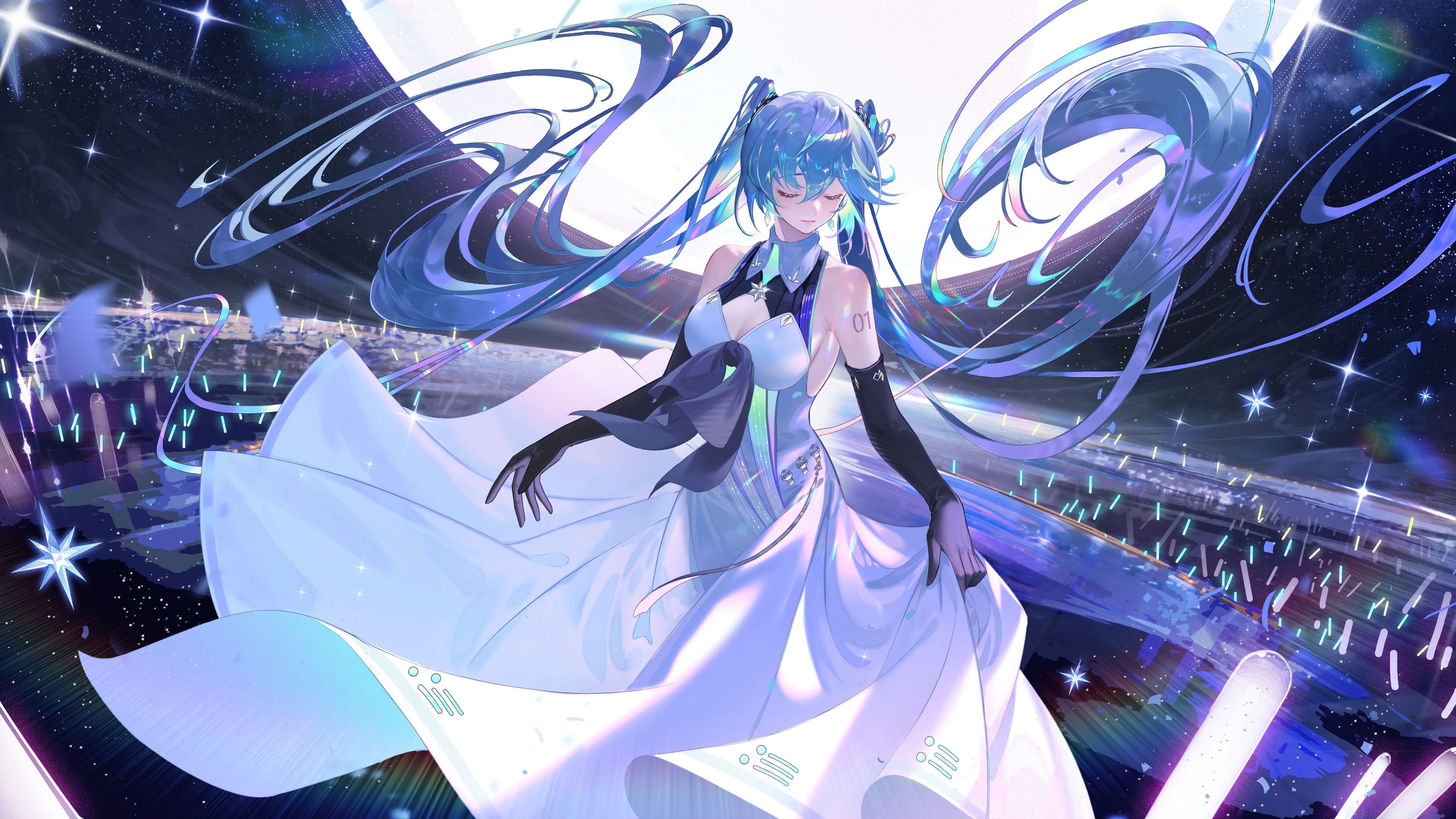 Hatsune Miku in a white dress with blue hair HD Wallpaper
