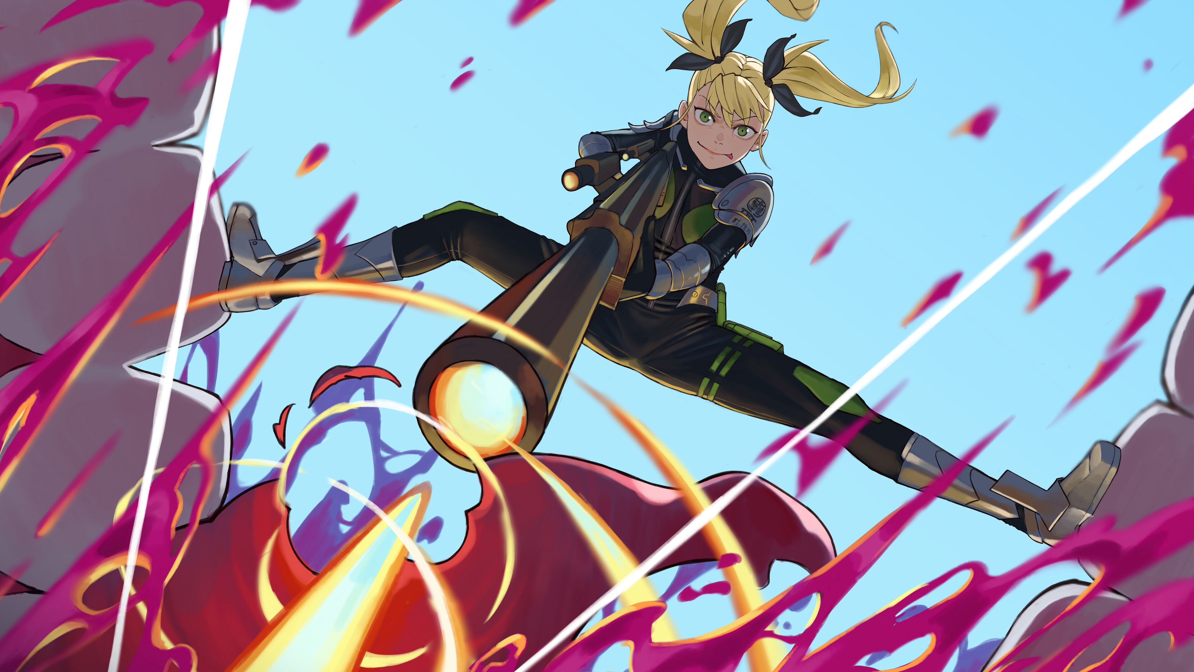 Kikoru Shinomiya firing a weapon in Kaiju No 8. 4K HD Wallpaper