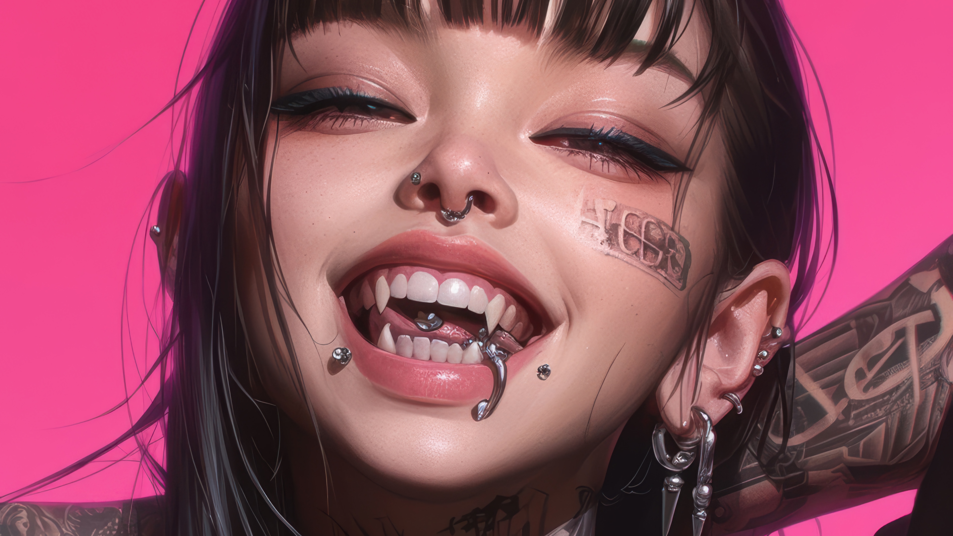 Anime Girl with Fangs and Piercings 4K HD Wallpaper