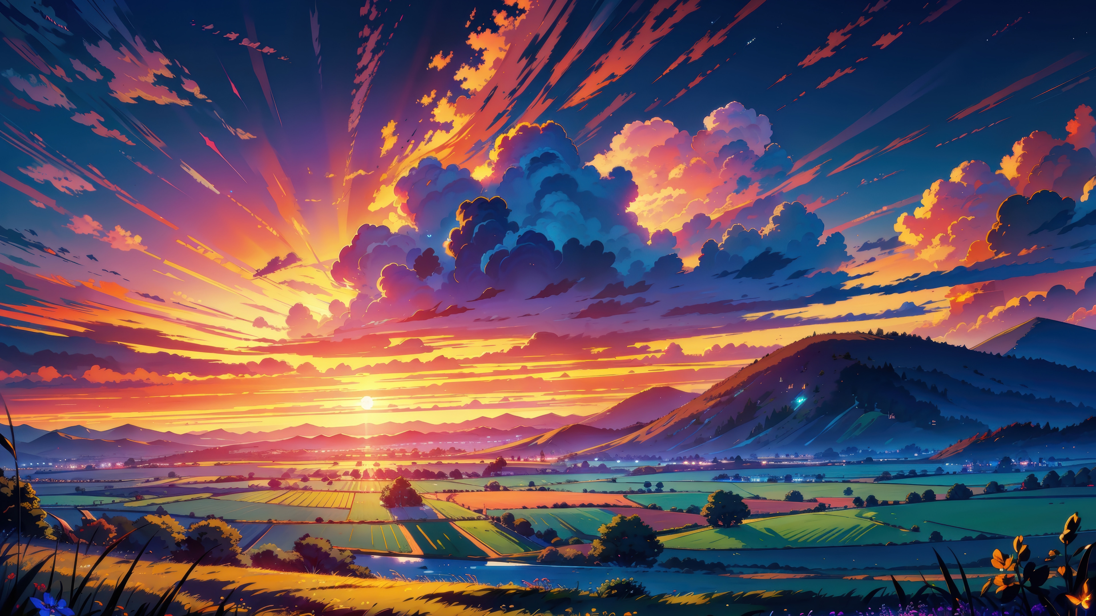 Anime Scenery of Mountains and Grassland at Sunset 4K HD Wallpaper