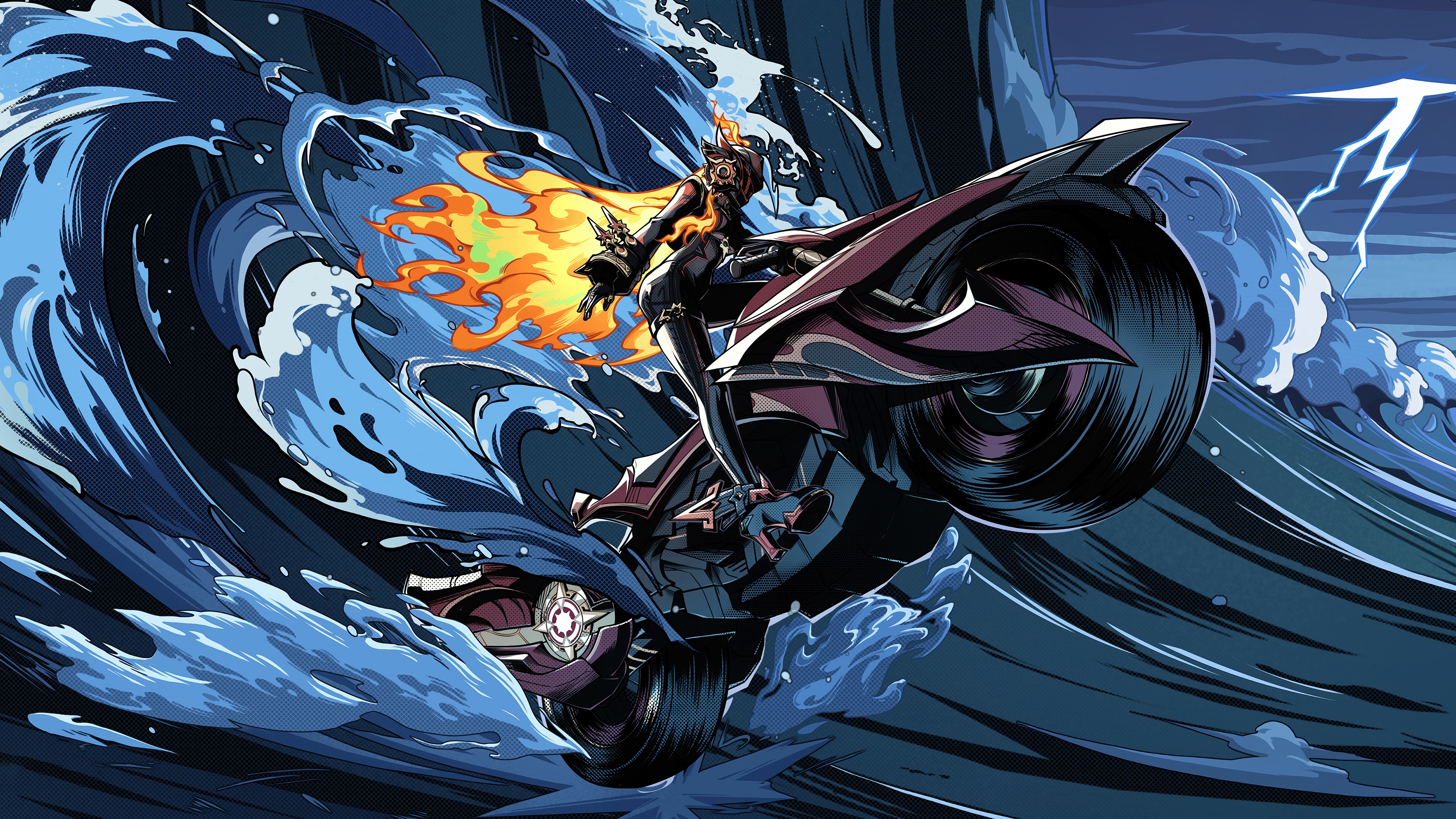 Mavika riding a motorcycle through waves in Genshin Impact 4K HD Wallpaper