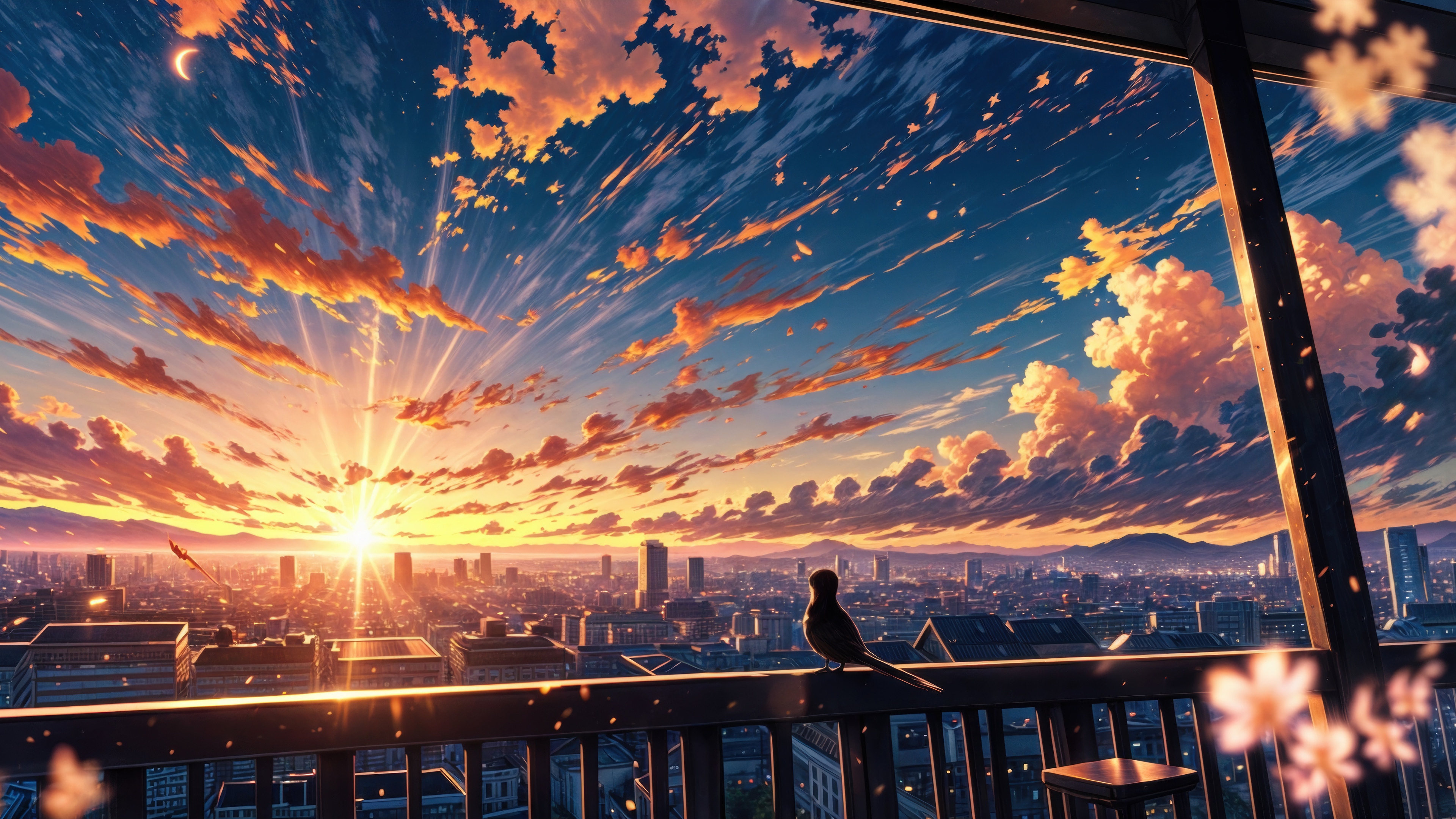 Anime City Sunset with Clouds and Bird HD Wallpaper