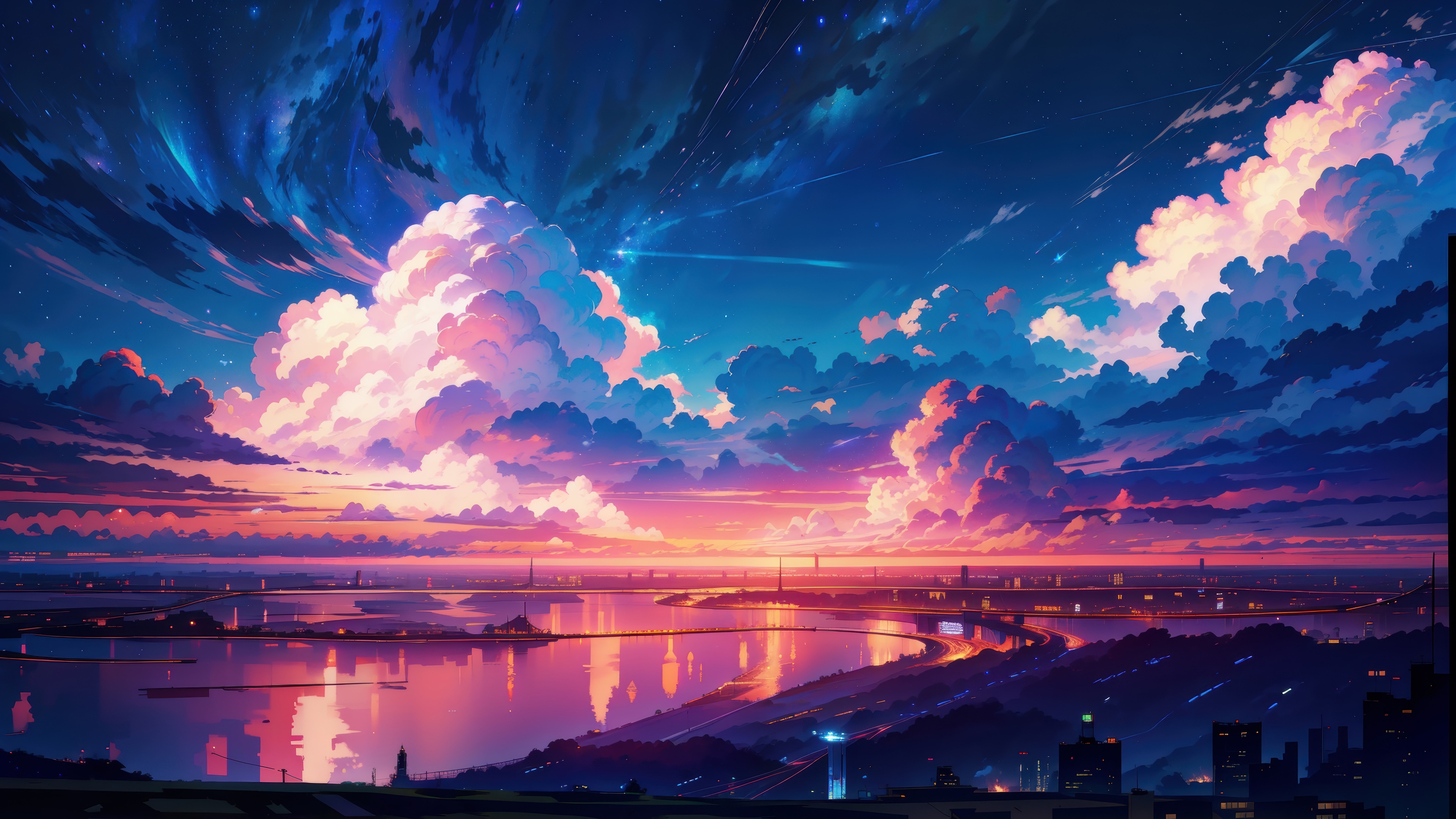 Anime Scenery of a Cityscape at Dusk with Clouds and Stars HD Wallpaper