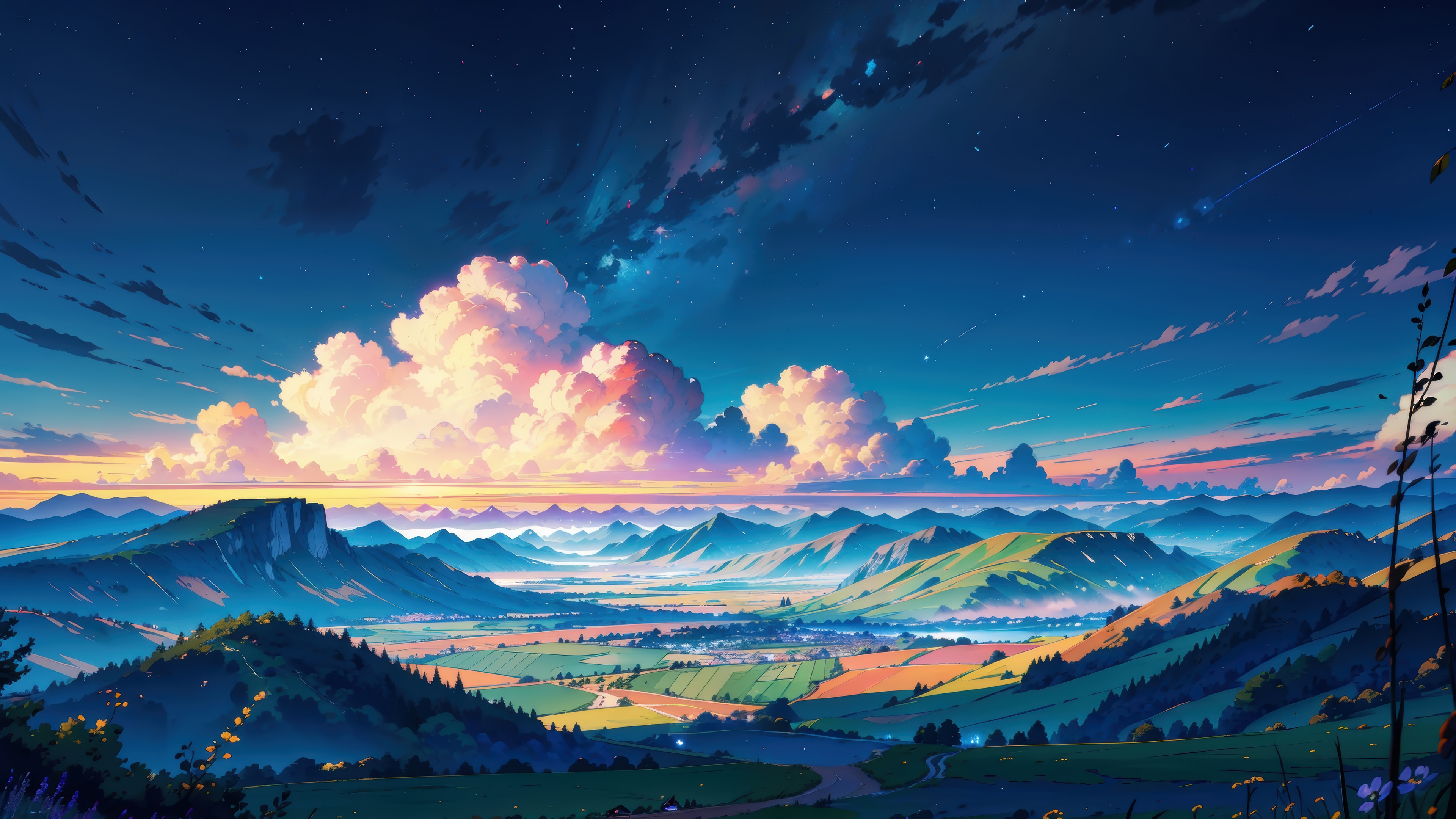 Anime landscape with mountains and clouds at dusk HD Wallpaper