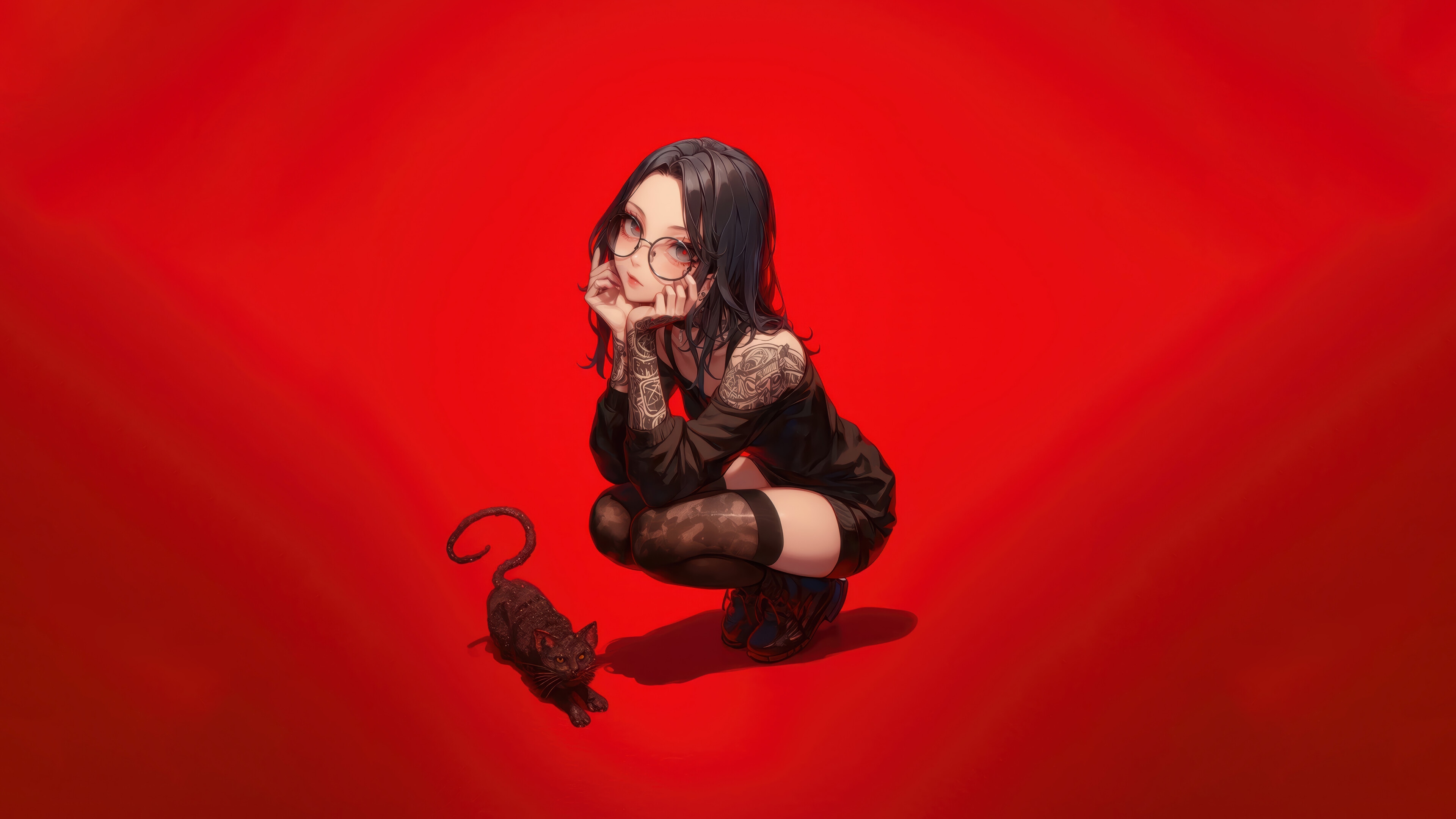 Anime girl with glasses and cat 4K HD Wallpaper
