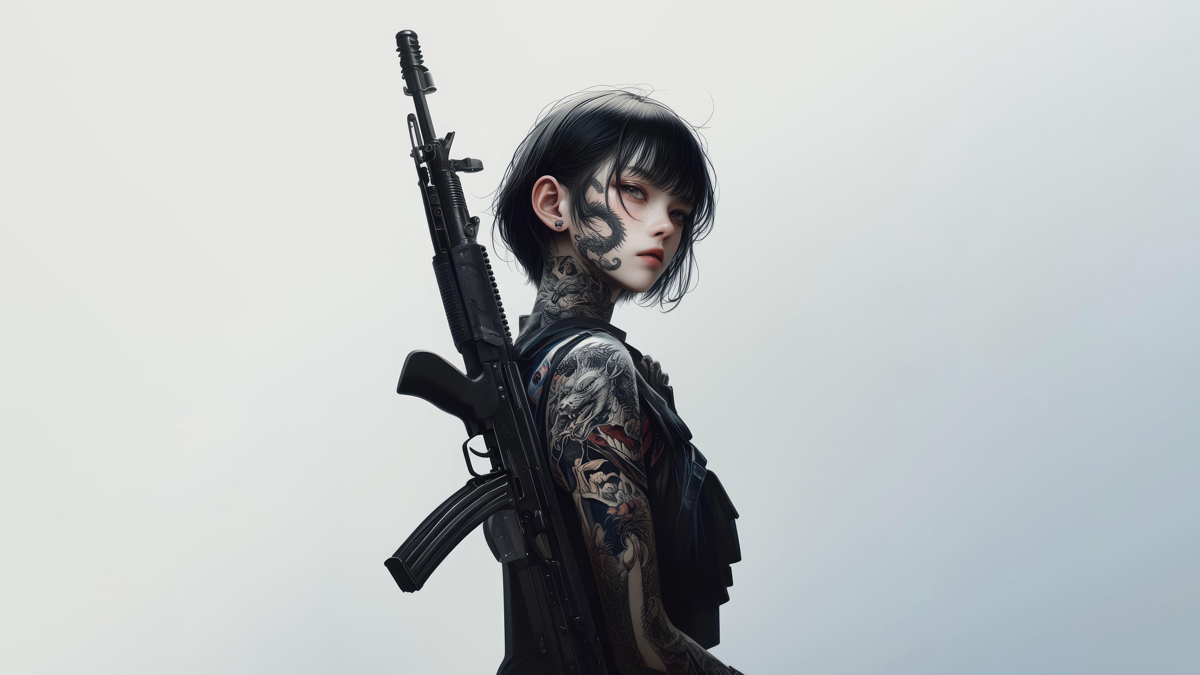 Anime Girl with Rifle and Tattoos 4K HD Wallpaper