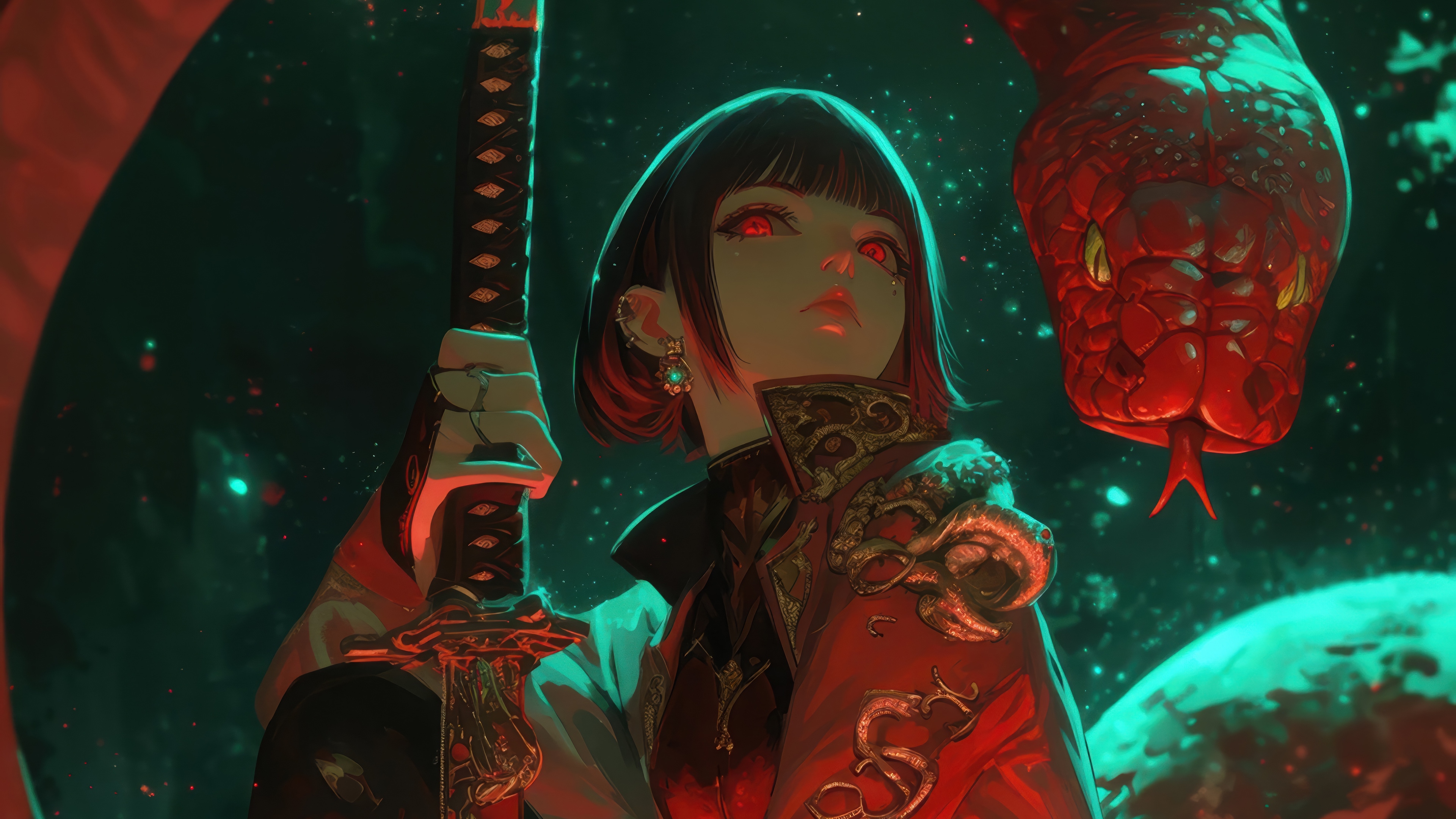 Anime Girl with Katana and Red Eyes Beside Snake HD Wallpaper