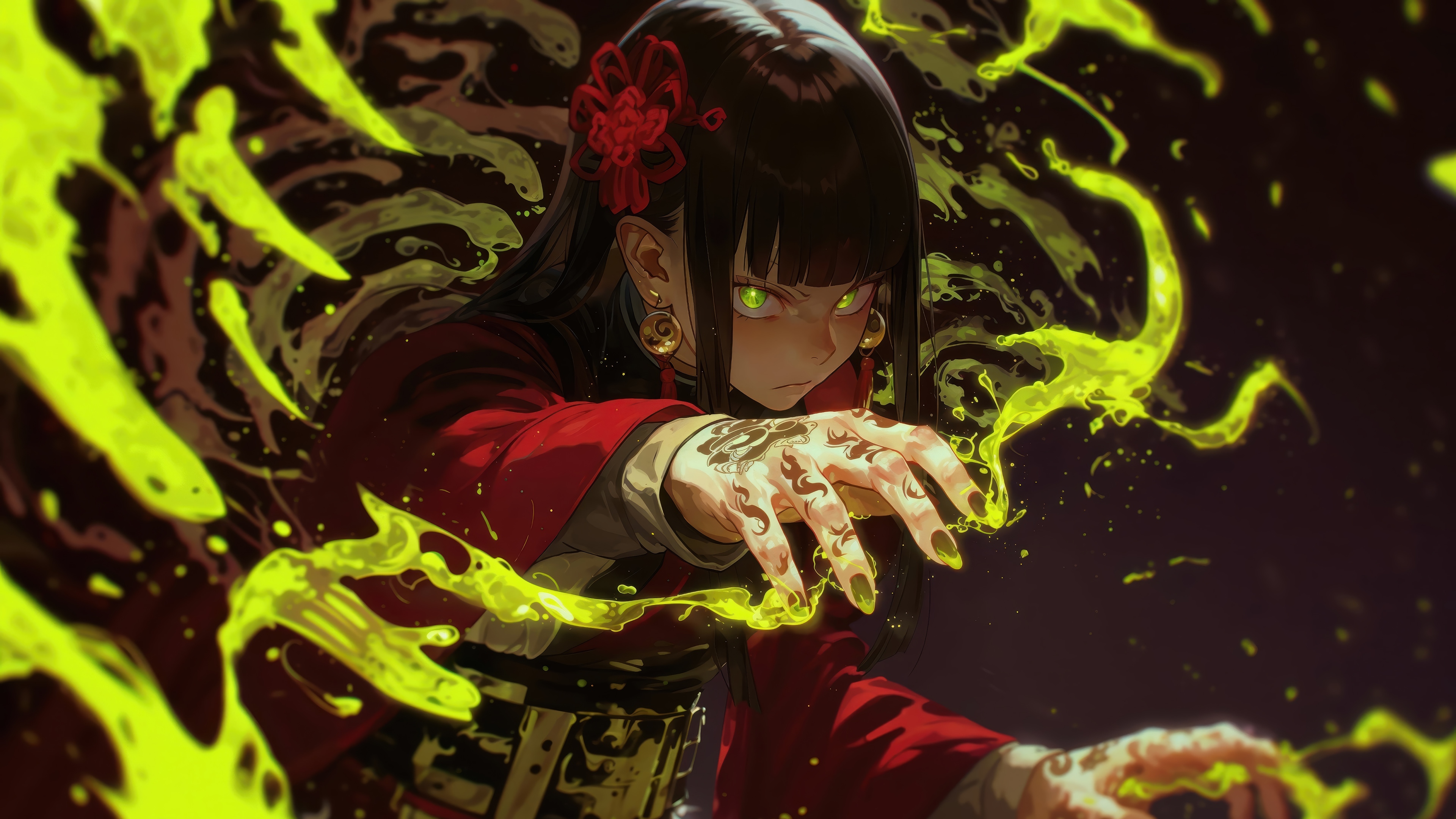 Anime Girl with Green Eyes and Red Kimono HD Wallpaper