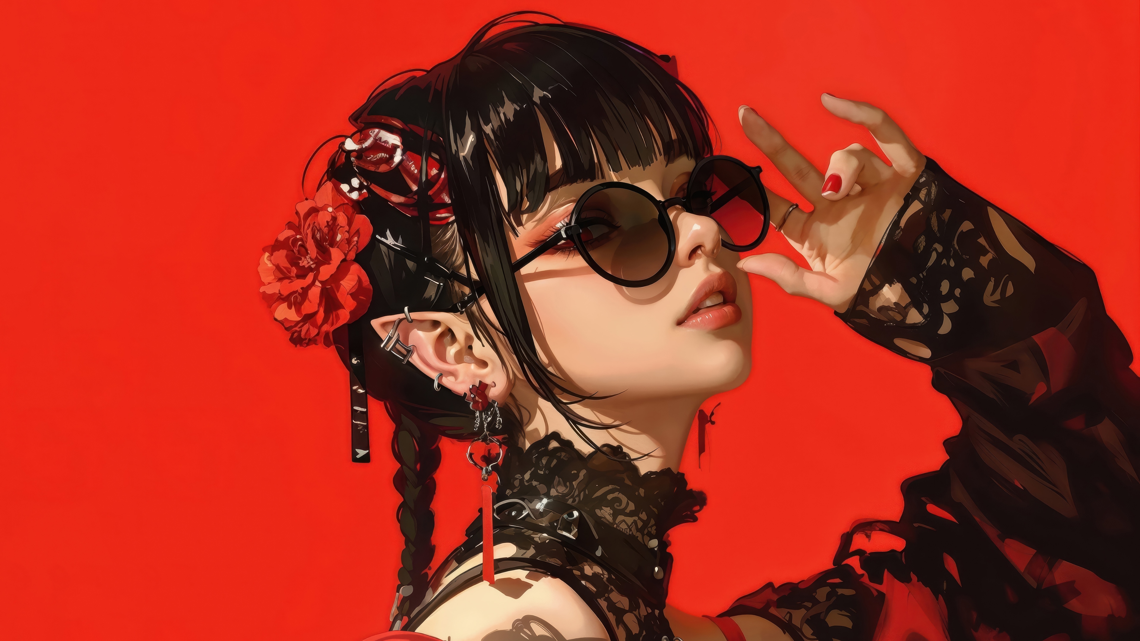 Anime Girl with Glasses and Red Rose 4K HD Wallpaper