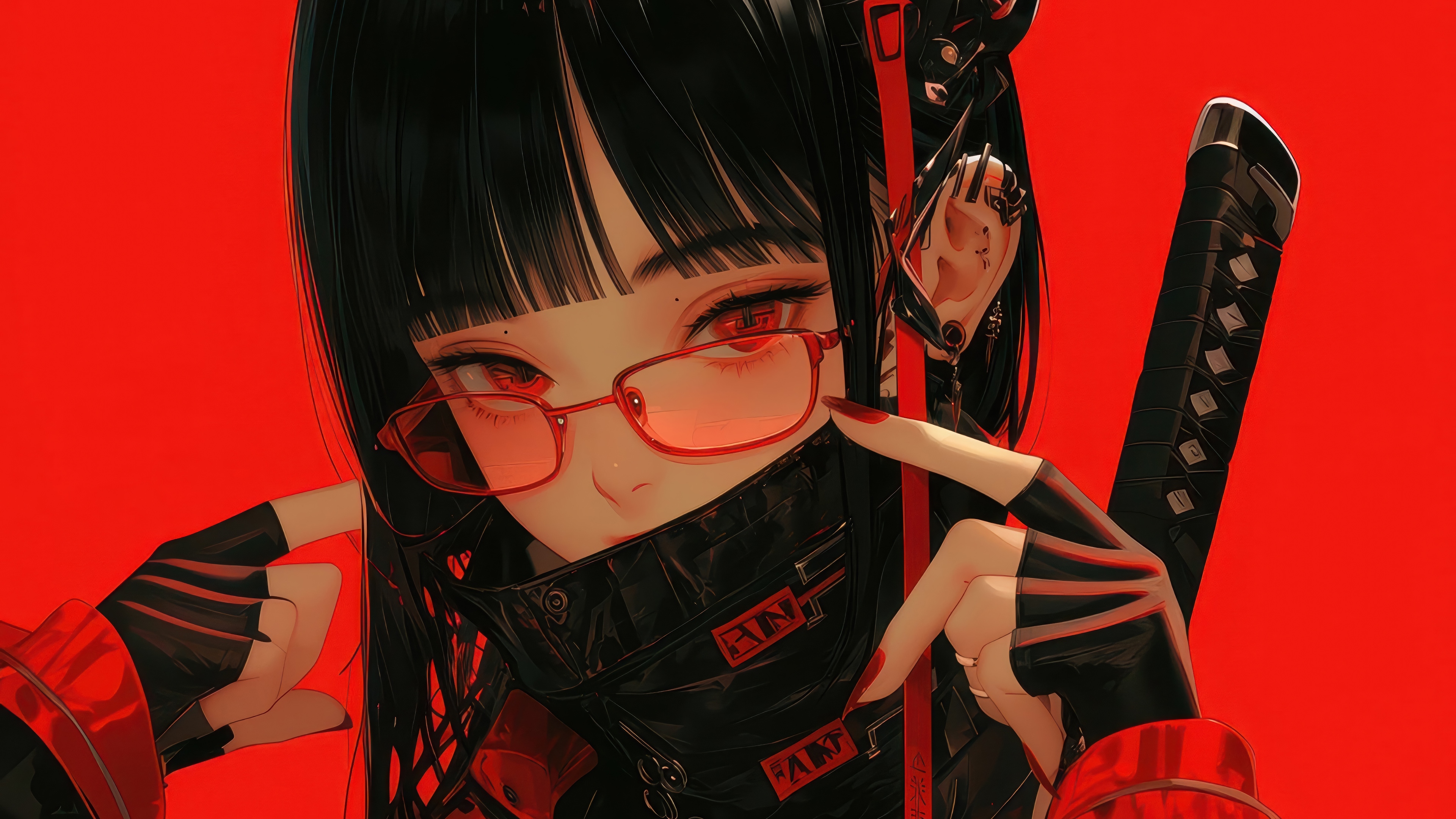 Anime Girl with Red Eyes and Glasses 4K HD Wallpaper