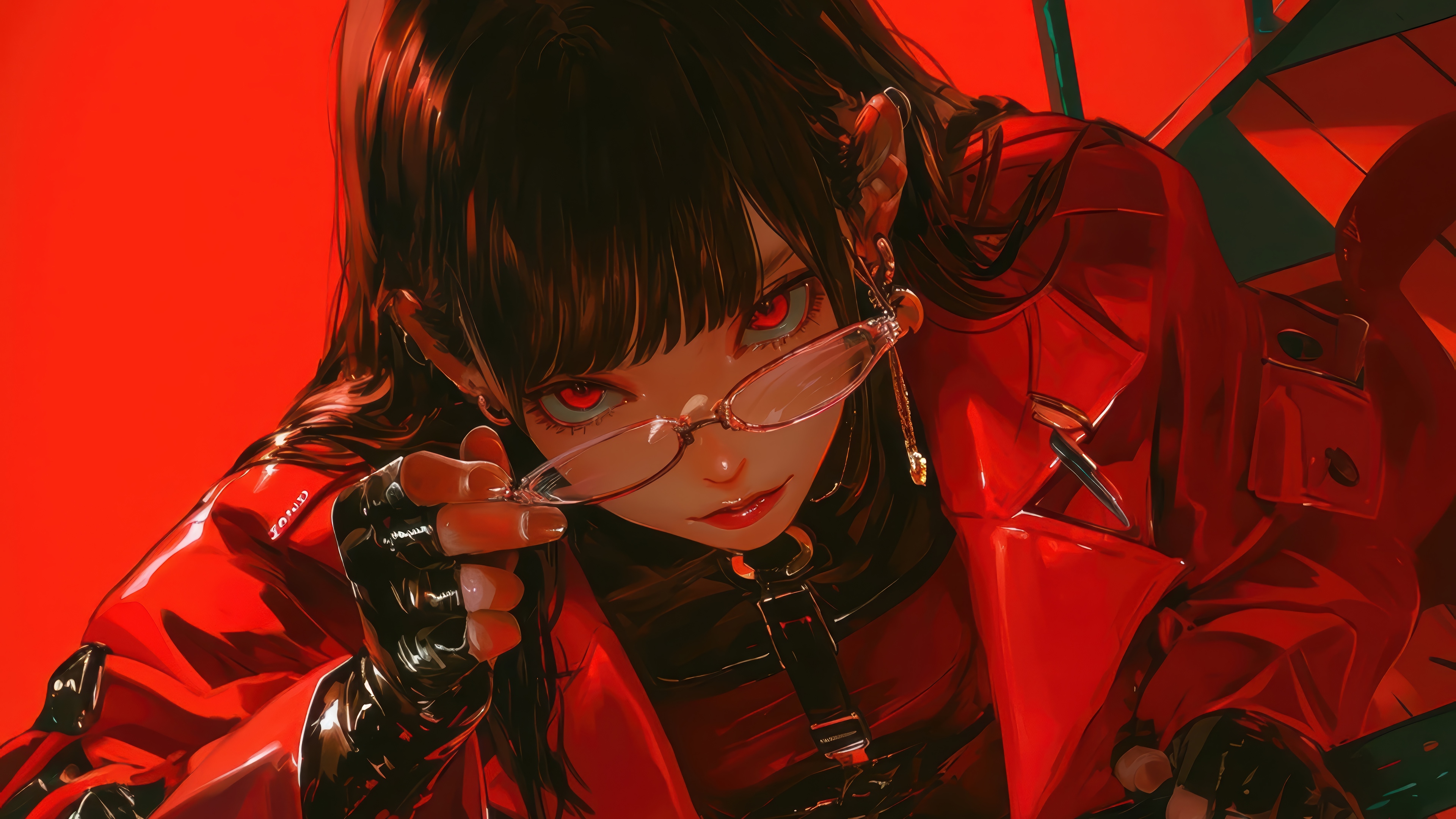 Anime girl with red eyes and glasses HD Wallpaper