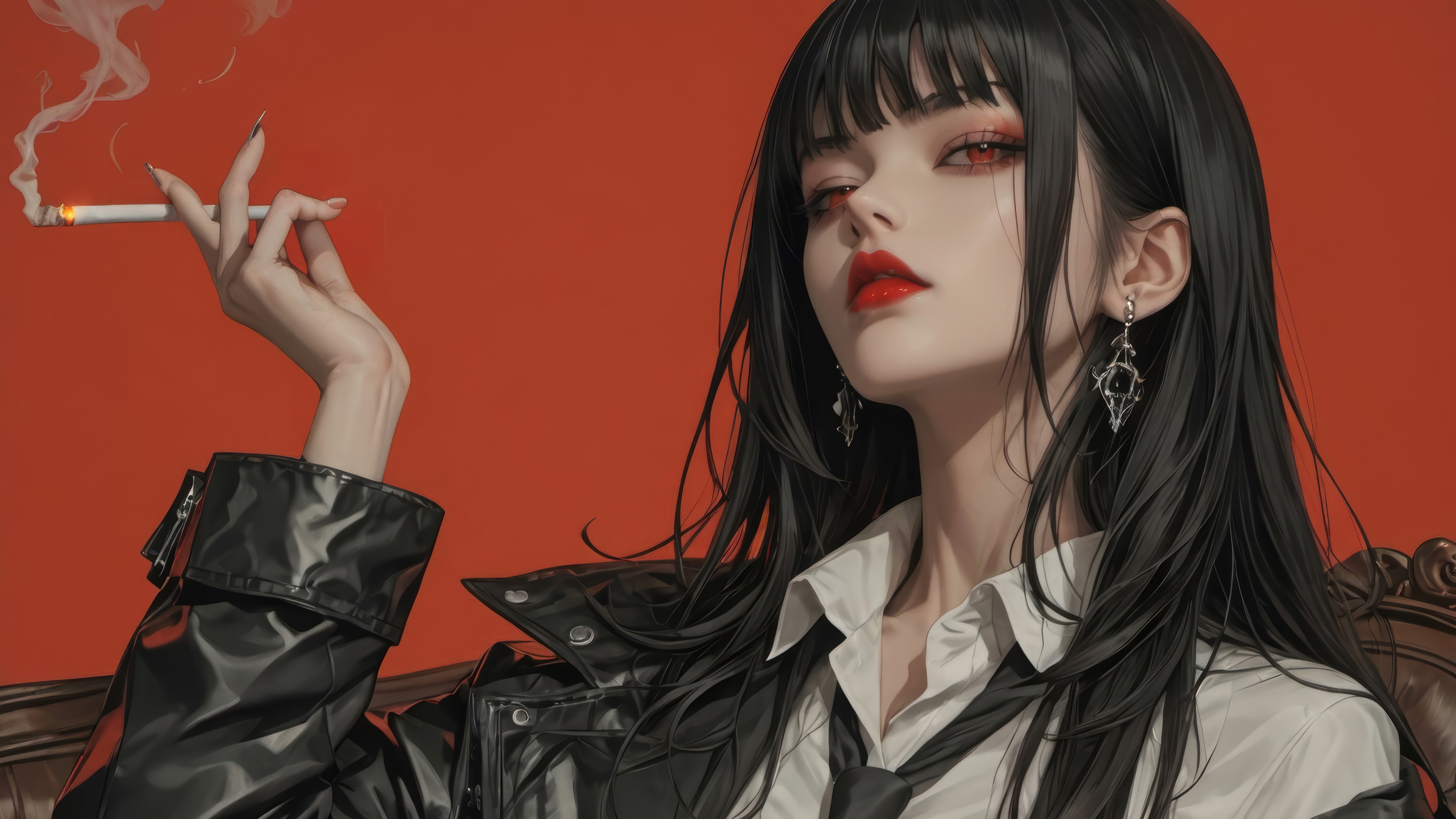 Anime Girl with Red Eyes Smoking HD Wallpaper