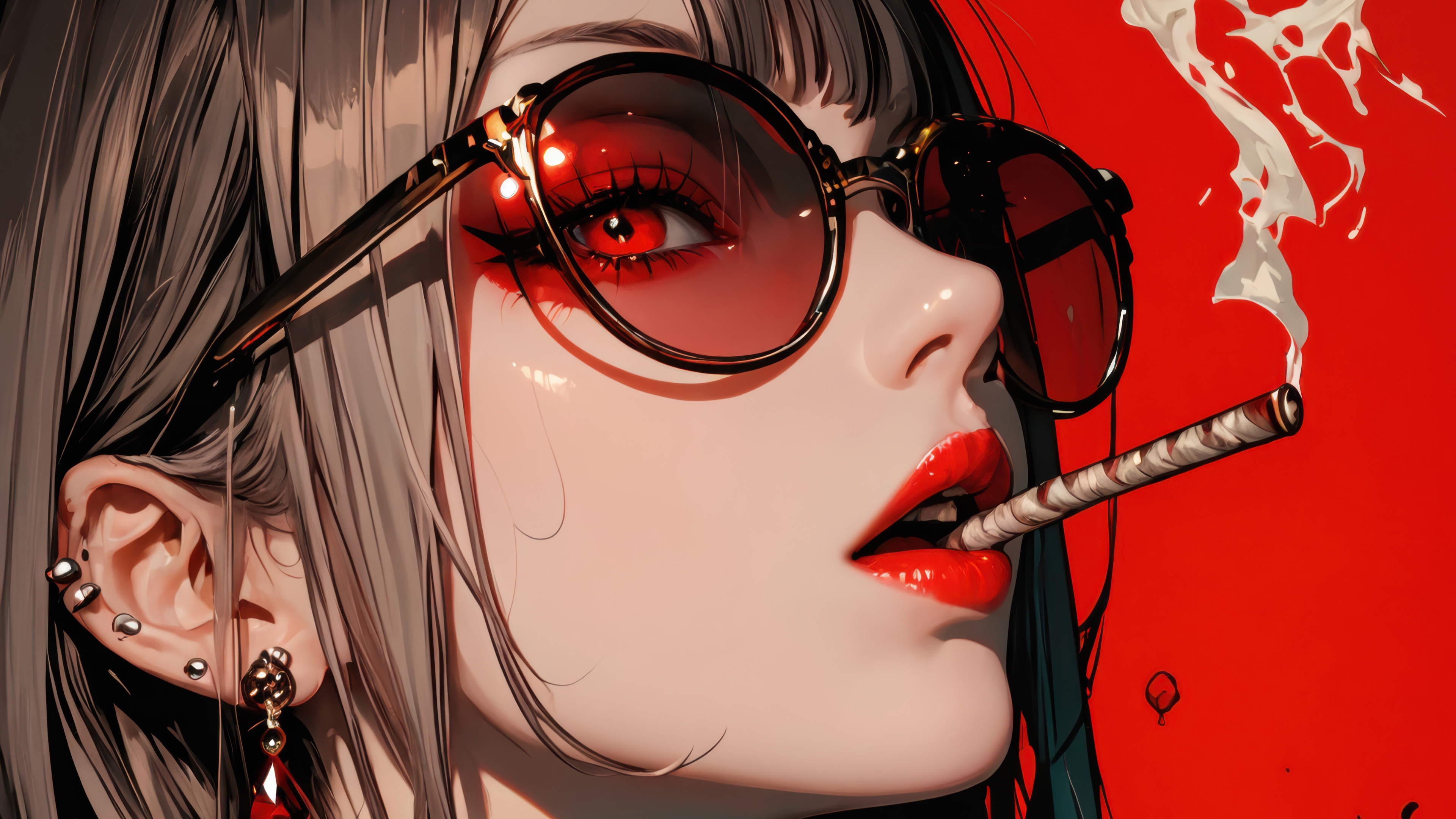 Anime Girl with Red Eyes and Glasses Smoking 4K HD Wallpaper