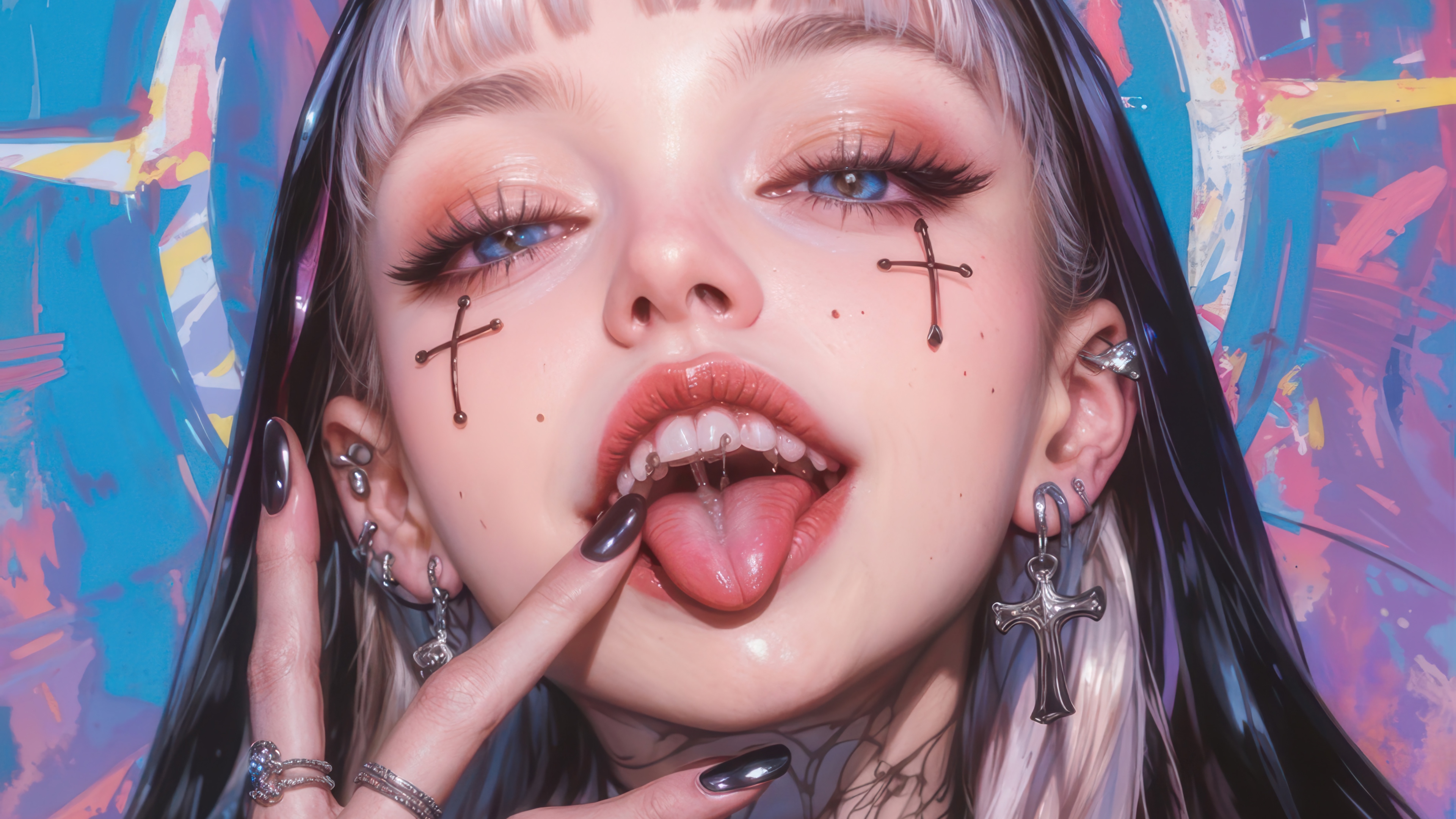 Anime Girl with Tongue Out and Cross Makeup 4K HD Wallpaper