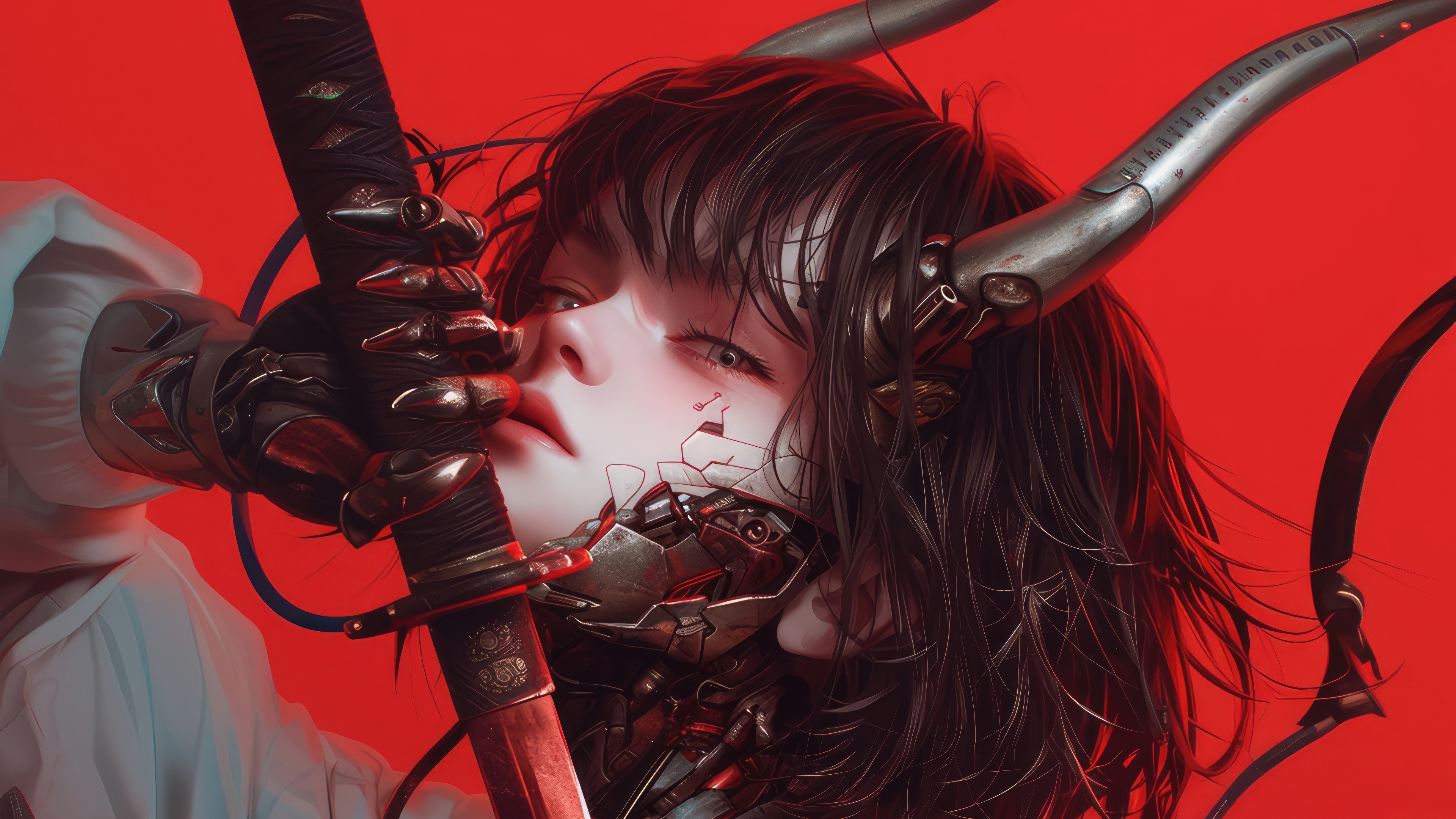 Cyberpunk Anime Girl with Katana and Horns 4K HD Wallpaper