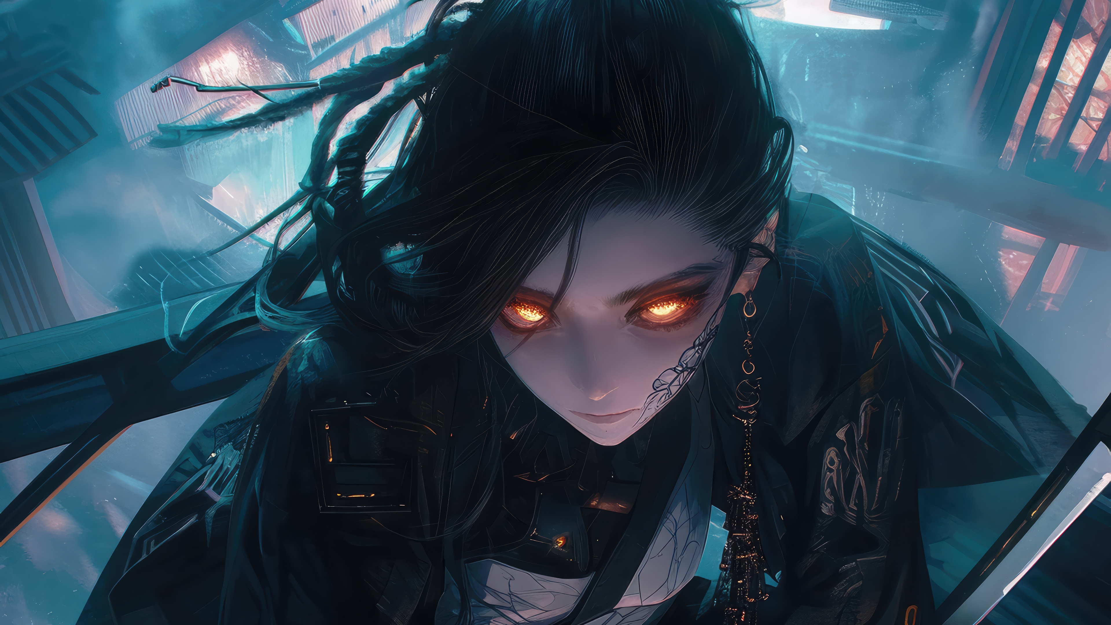 Anime Girl with Glowing Eyes in Futuristic City 4K HD Wallpaper