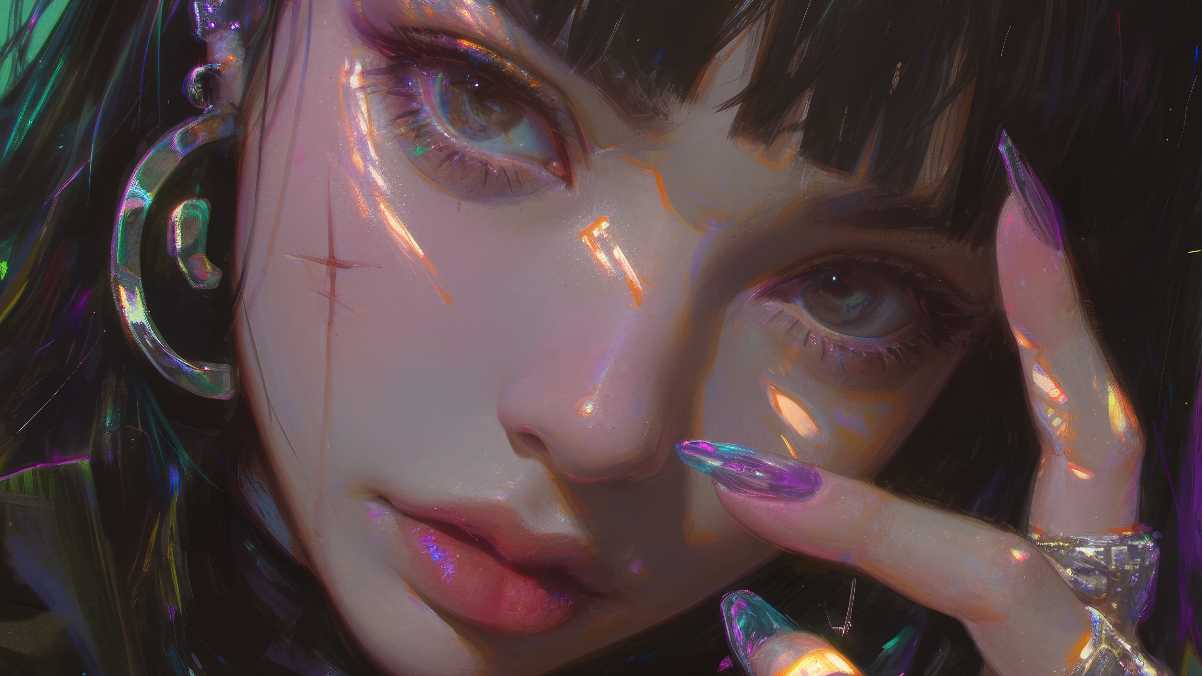 Anime Girl Close-up with Iridescent Lighting 4K HD Wallpaper