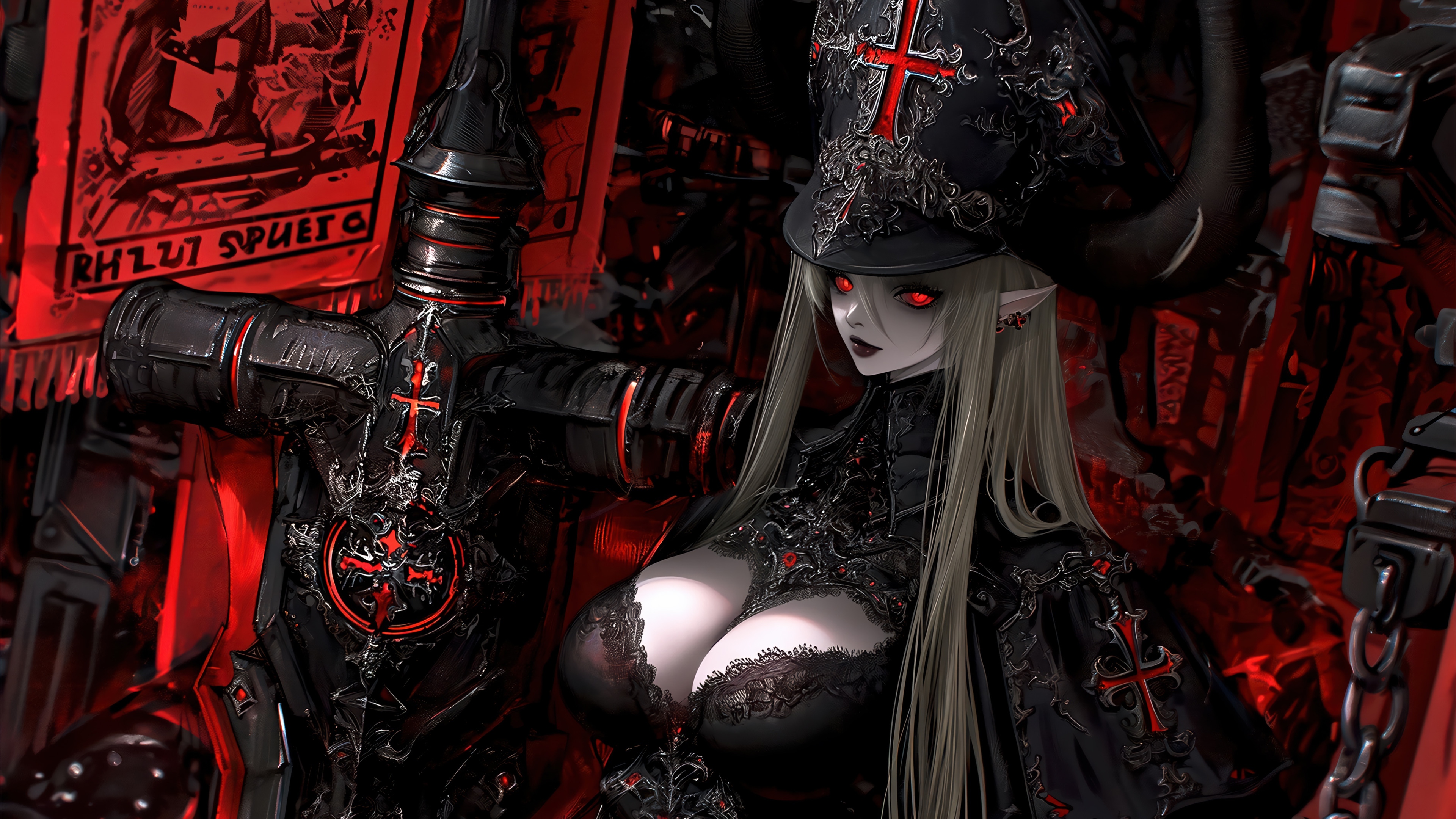Anime Girl in Black and Red Armor with Sword HD Wallpaper