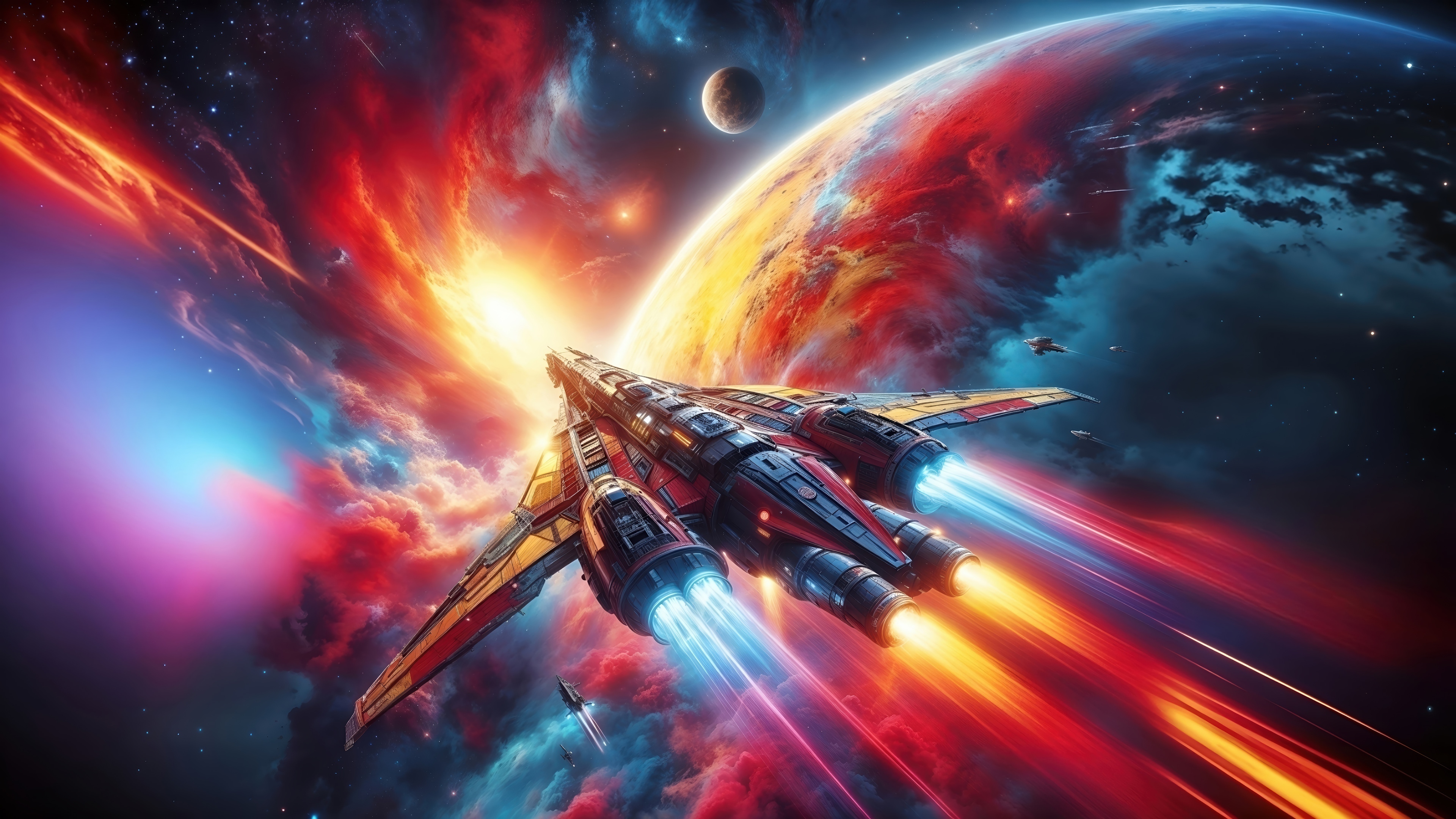 Spaceship traveling through a colorful nebula near a planet 4K HD Wallpaper